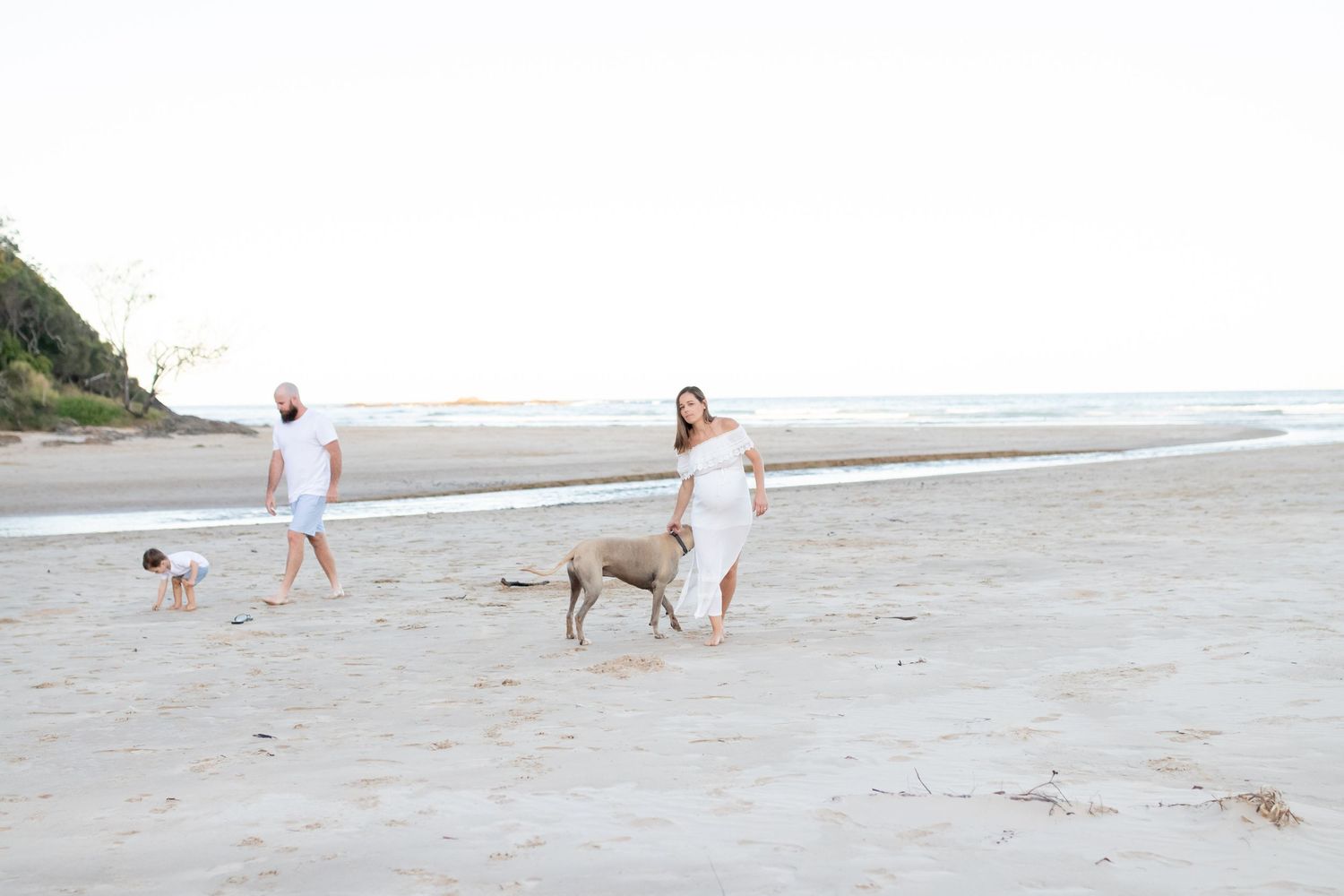 Family in white outfits walking with a Weimaraner dog on a sandy beach at sunset.