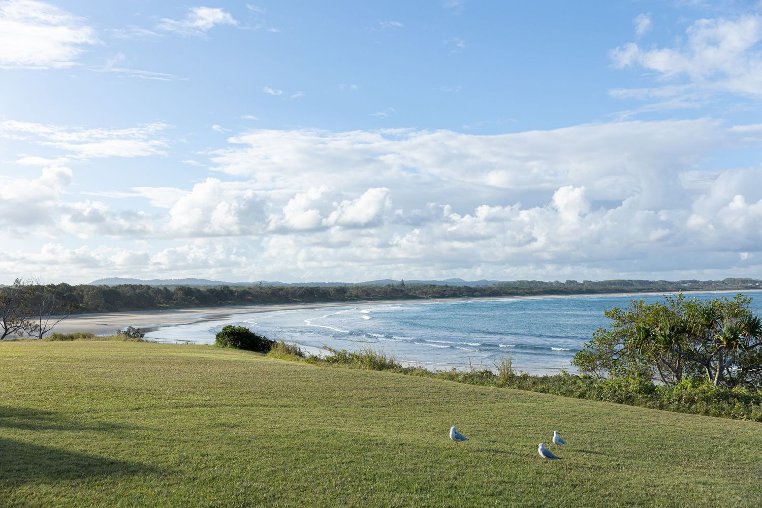 Panoramic coastal view of a sandy beach and bay with lush green lawn in foreground under a partly cloudy sky.