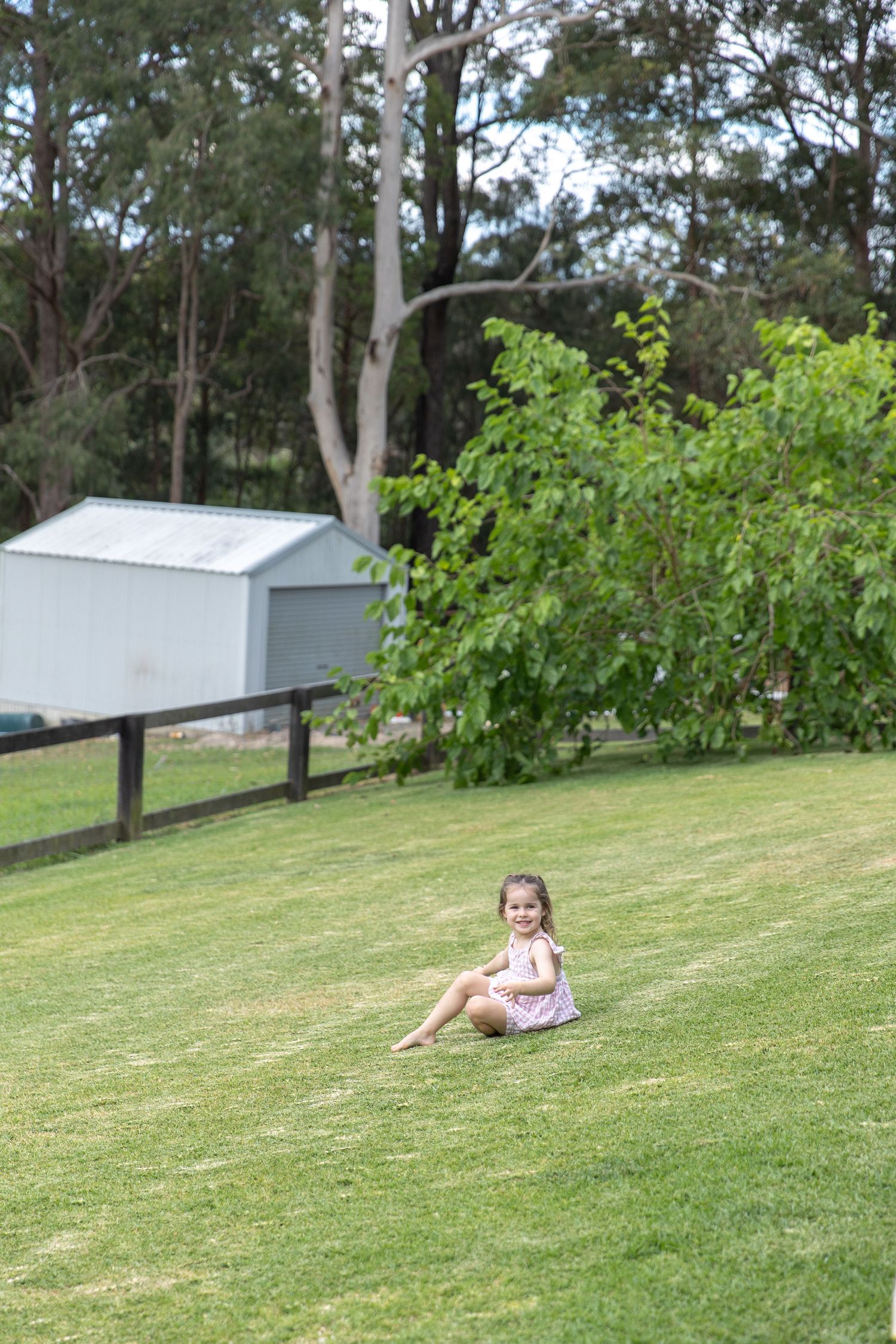 Young girl in pink dress sitting on green grass lawn with trees and shed in background.
