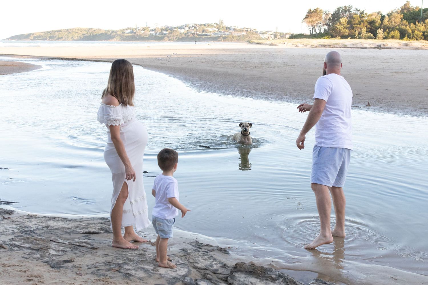 Family with young child and dog enjoying a sunny day at the beach, standing at the water's edge. Coffs Coast photographer.