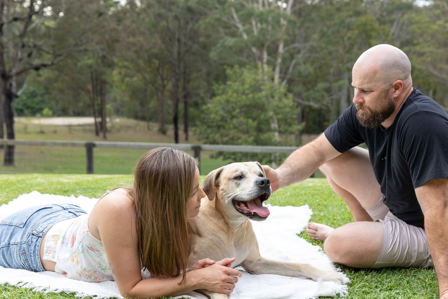 Family lying on blanket outdoors with their happy Labrador dog.