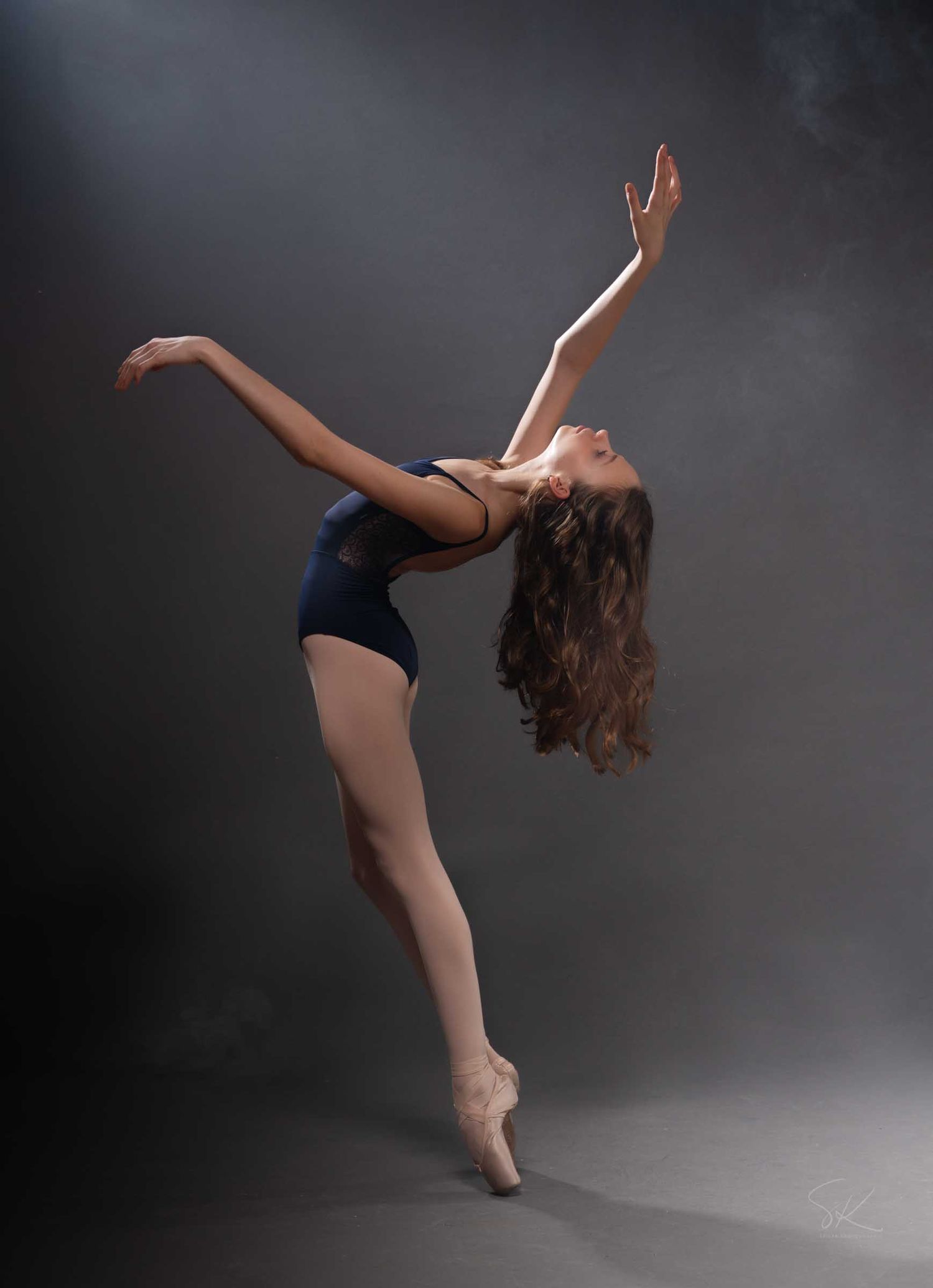 A graceful ballet dancer in a navy leotard and pointe shoes poses elegantly against a dramatic smoky gray backdrop.