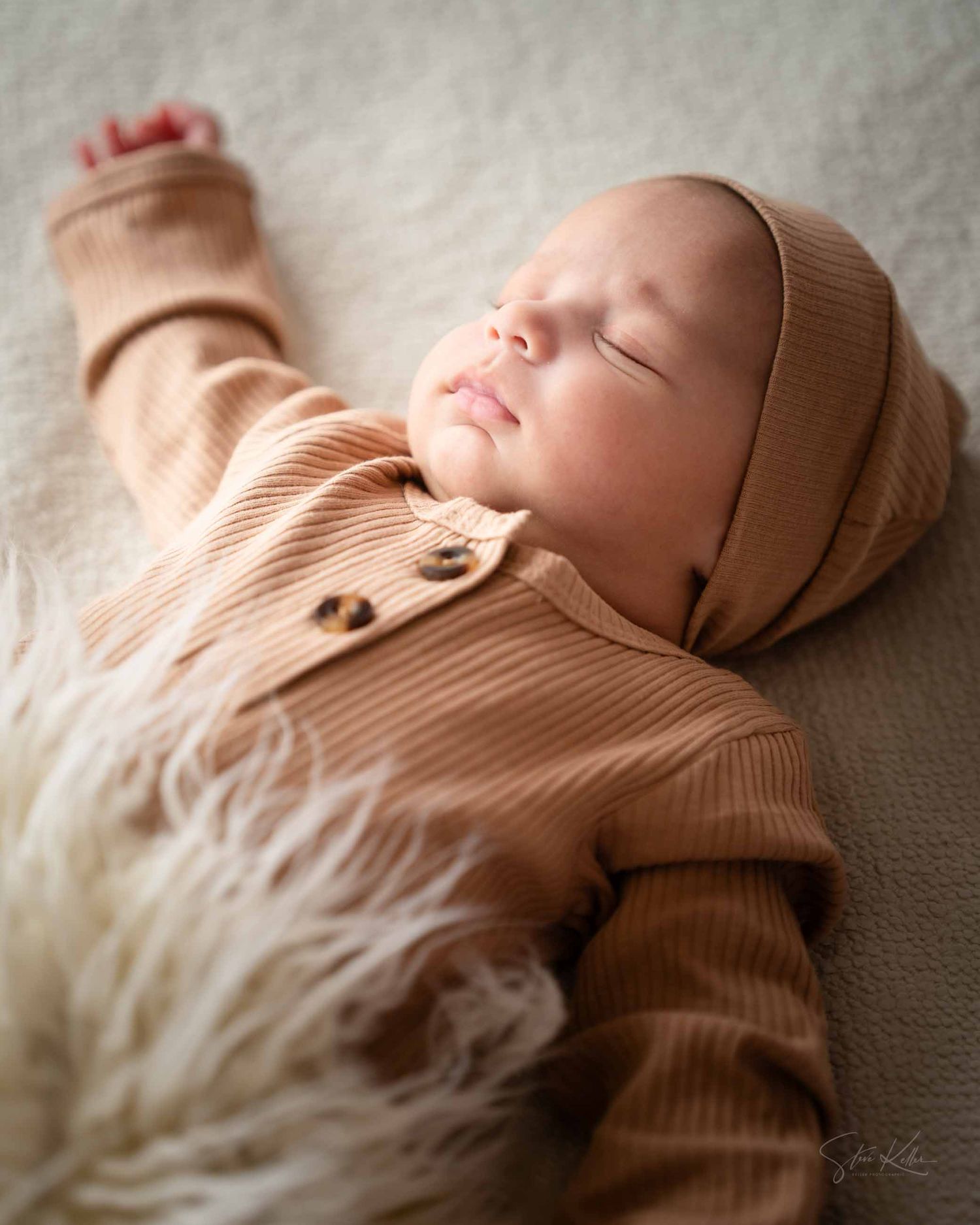 A series of peaceful newborn photos showing a baby sleeping in a cozy beige ribbed outfit on a soft textured surface.