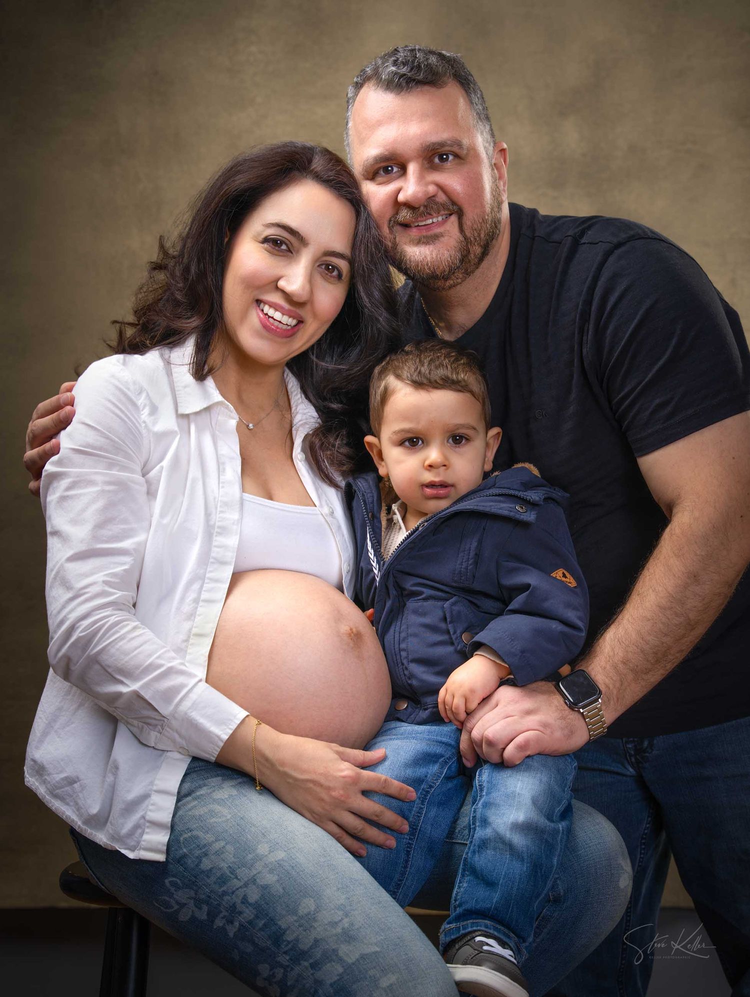 A family maternity photo series showing loving moments and poses against a dark brown backdrop.