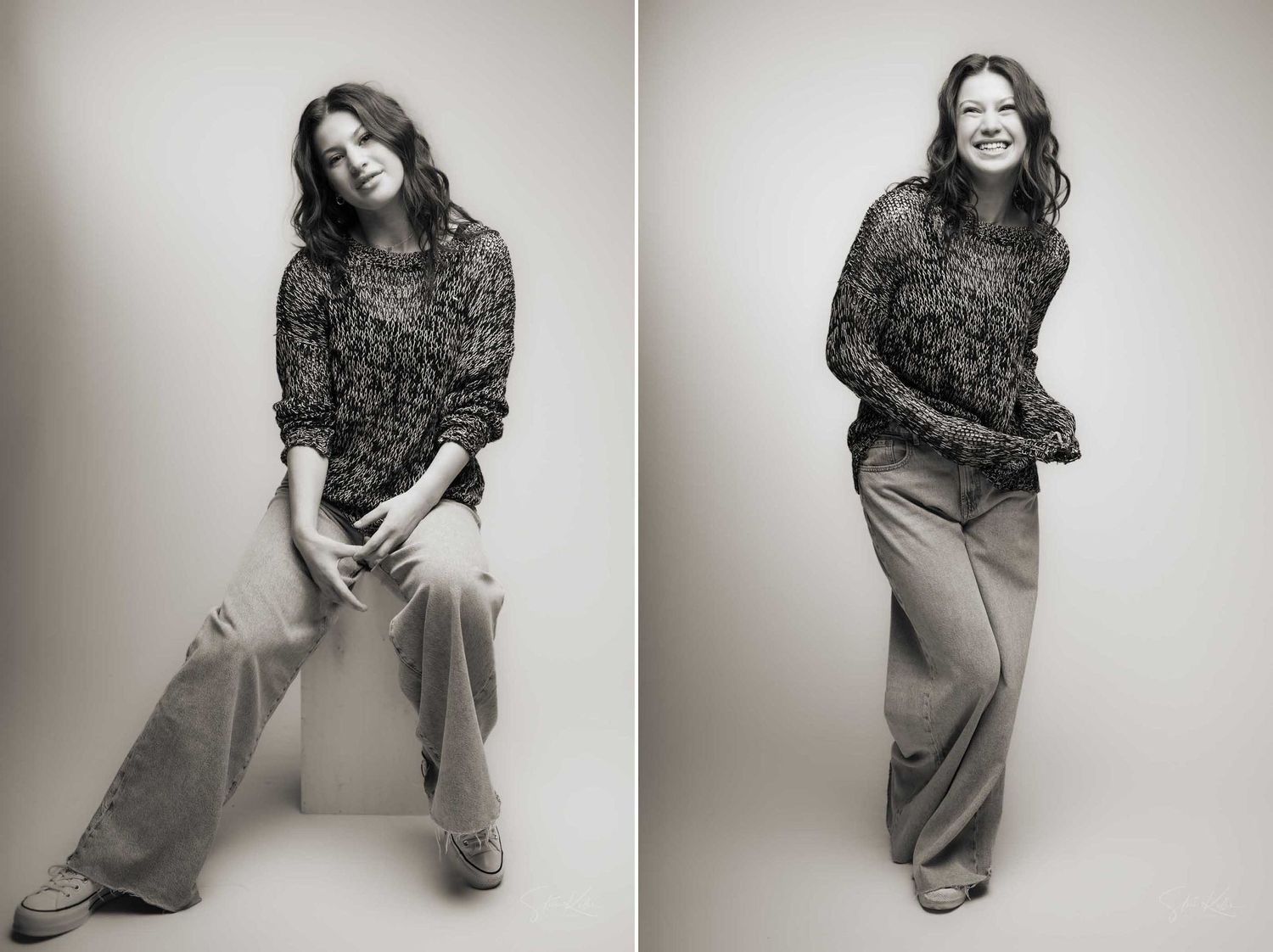 Black and white studio portrait of a woman in a patterned sweater and wide-leg trousers, shown in two poses.