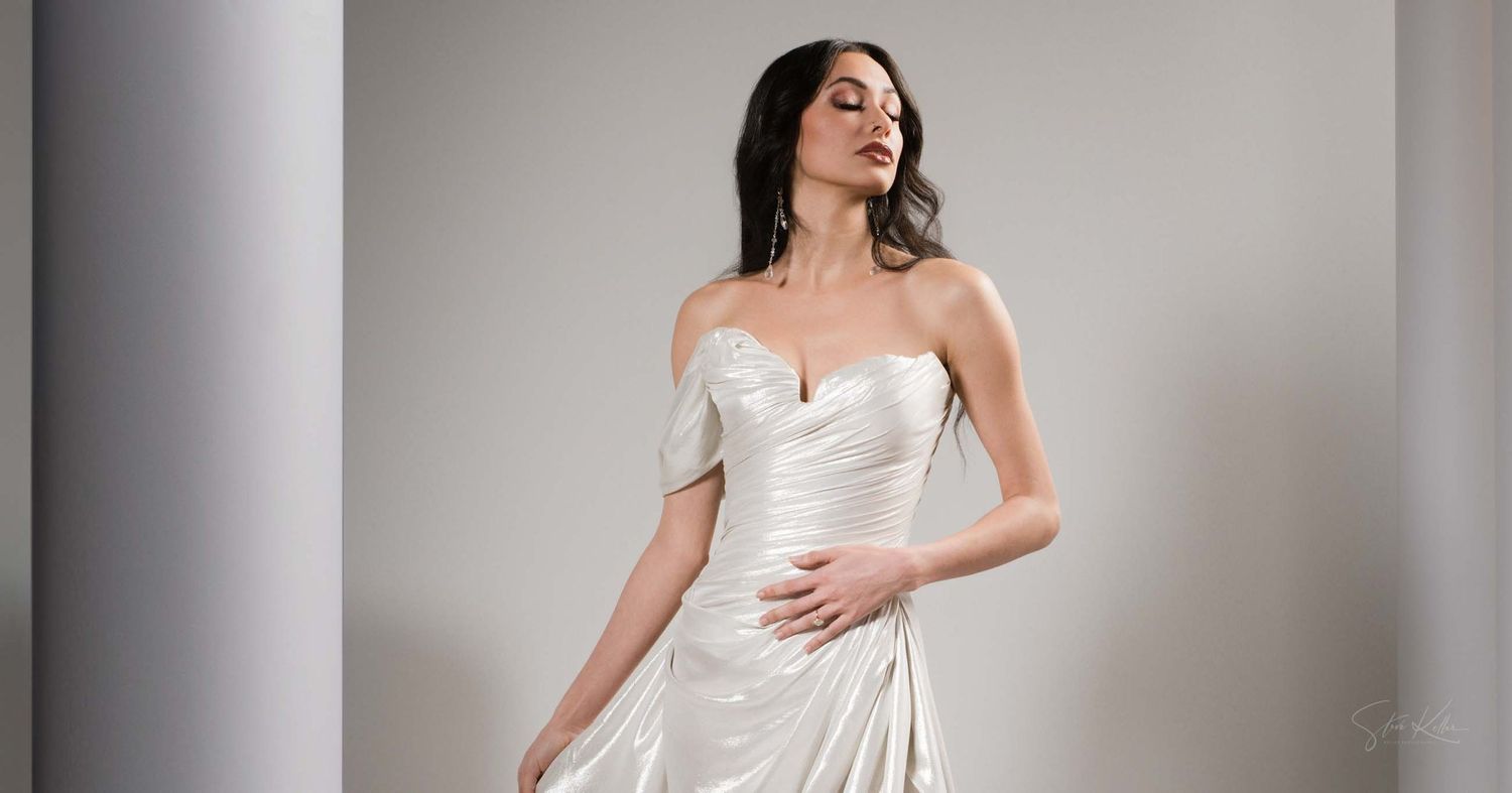 Elegant ivory satin wedding dress with sweetheart neckline and ruched bodice shown from multiple angles.