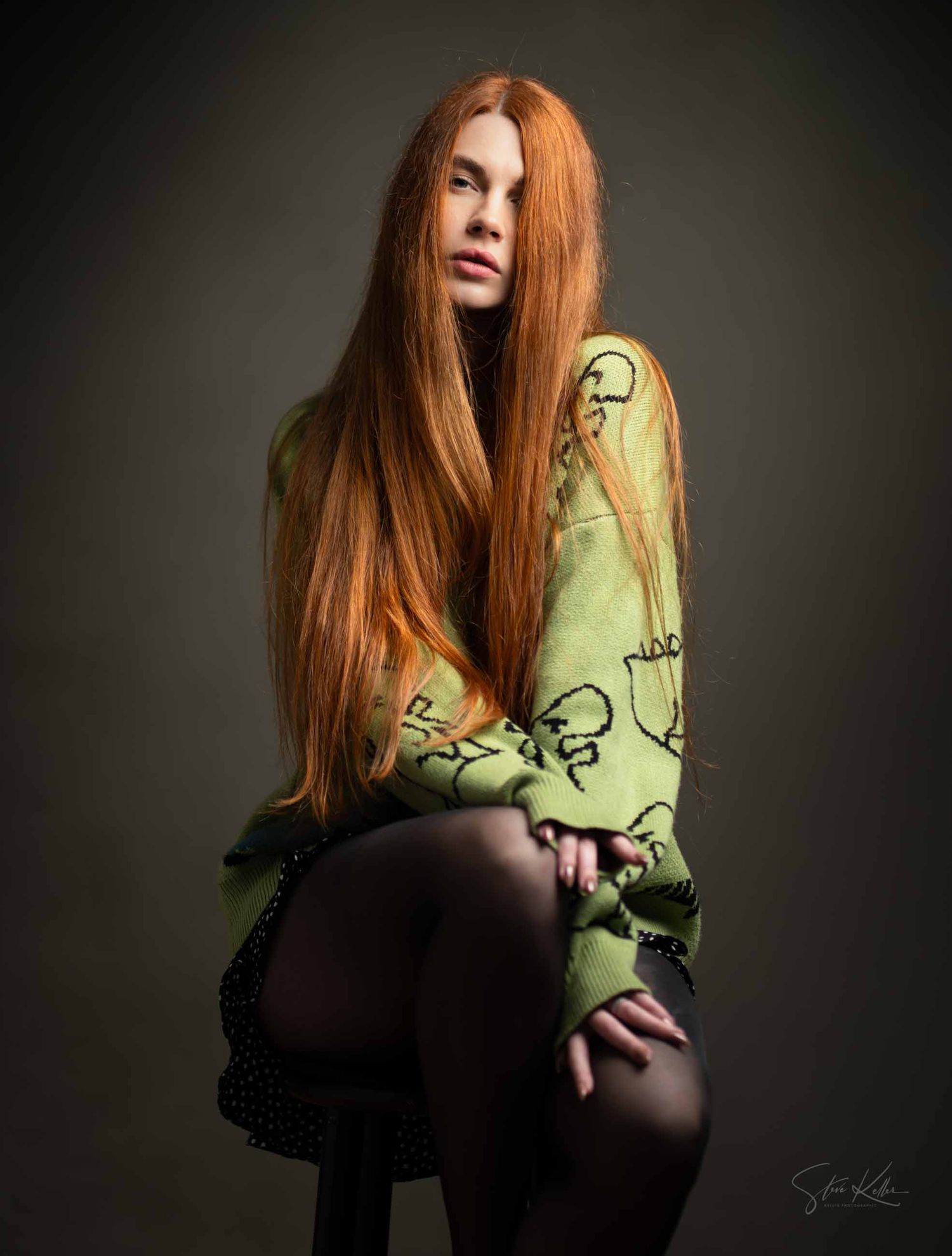 Artistic portrait series of a person with long red hair in a green patterned top against a dark background.
