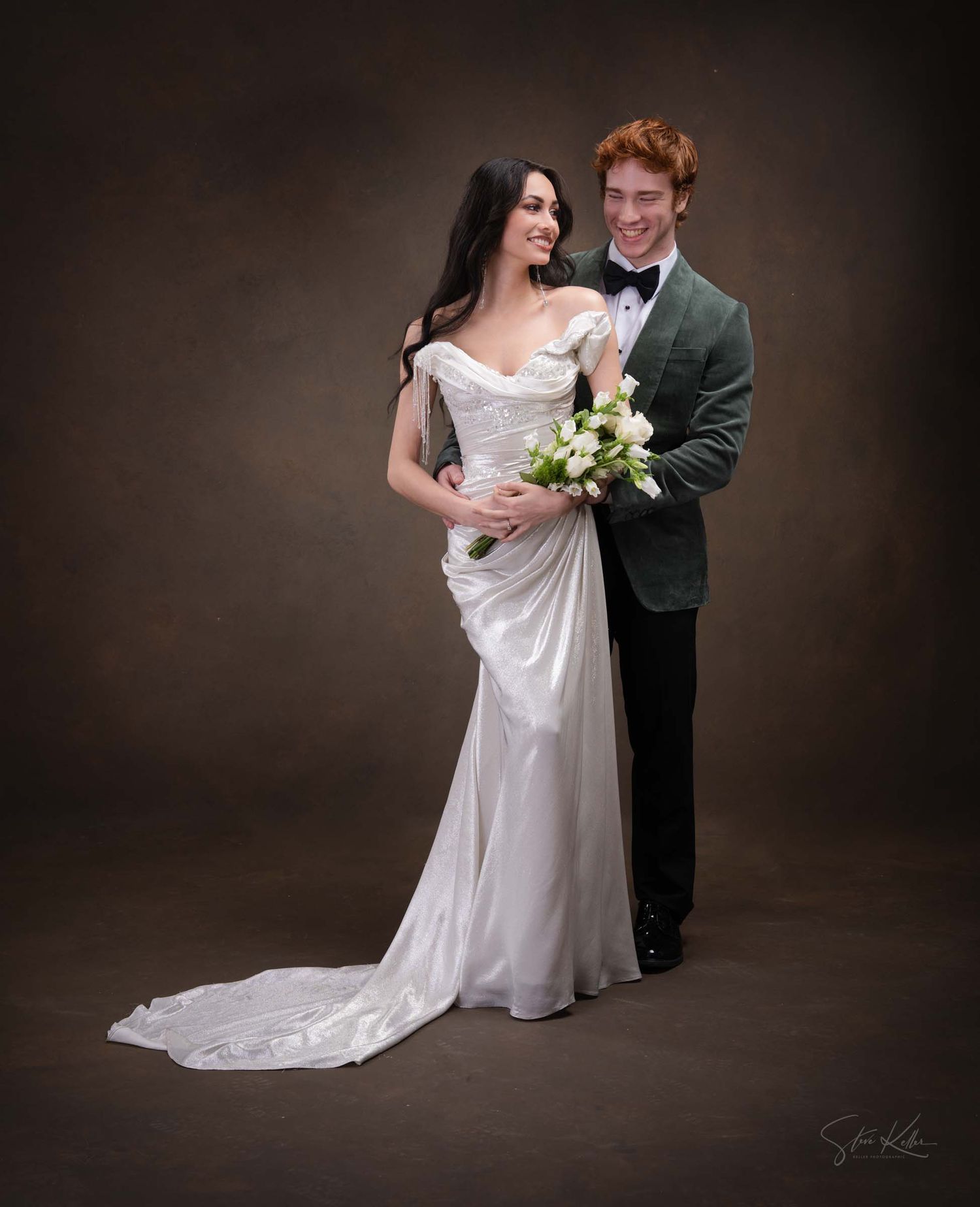 A romantic wedding portrait series showing a couple in white dress and dark suit posing together against a dark backdrop.