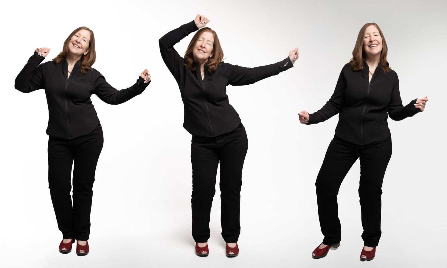 Three dynamic images of someone in all black business attire dancing and posing against a white background.
