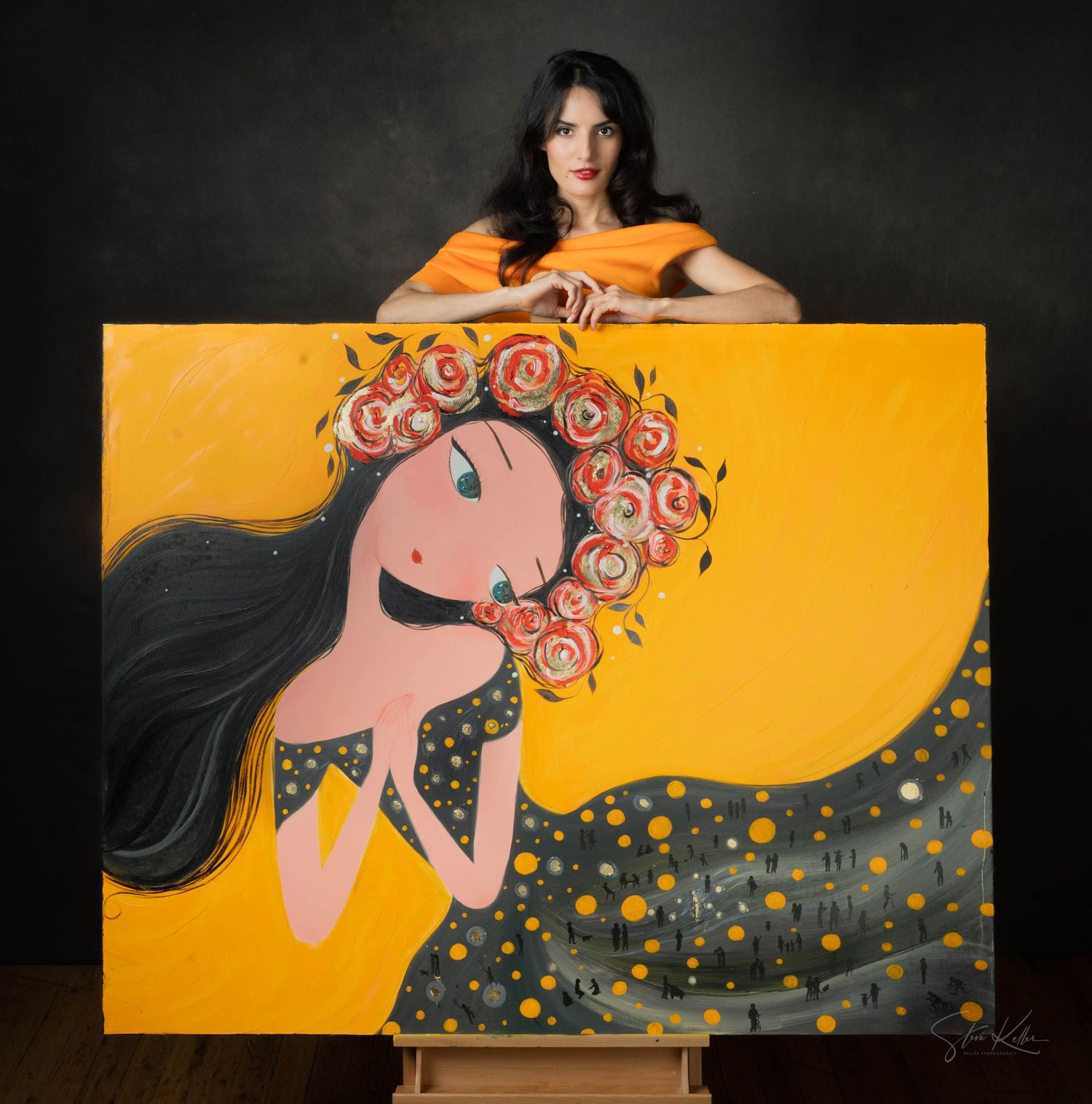 Six stylized artistic panels show a woman with flowing dark hair and floral details against a vibrant yellow background.