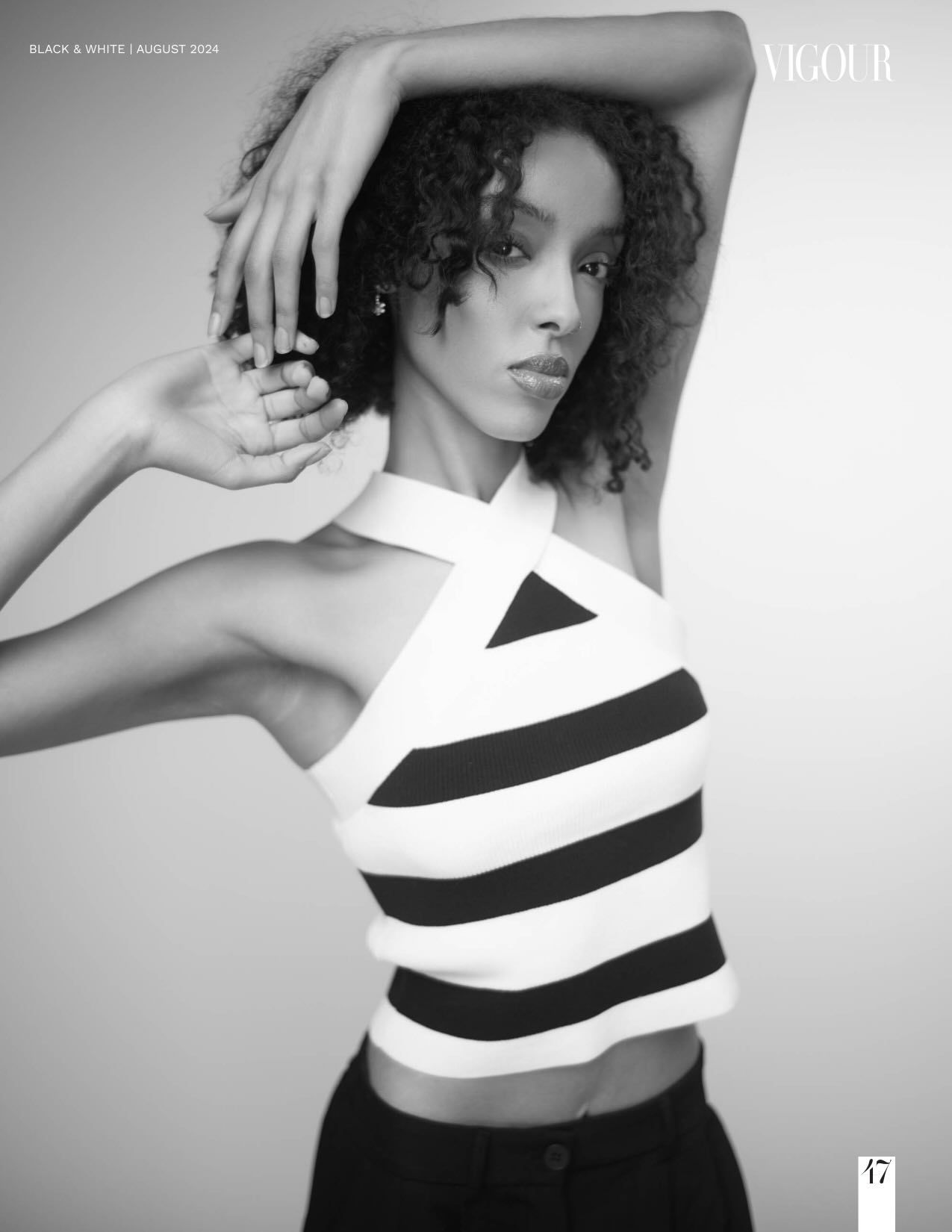 Black and white fashion editorial series showing artistic poses in monochromatic style against white background.
