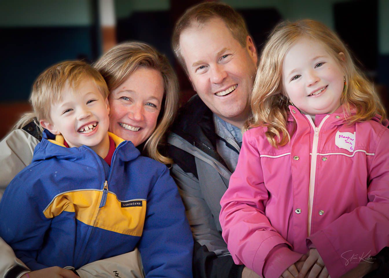 A collage of candid family moments showing adults and children laughing and embracing in casual settings.