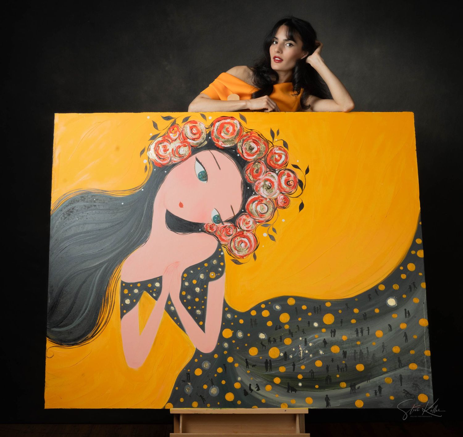 Whimsical artwork featuring a painted mermaid with pink roses in her hair against a vibrant orange background.