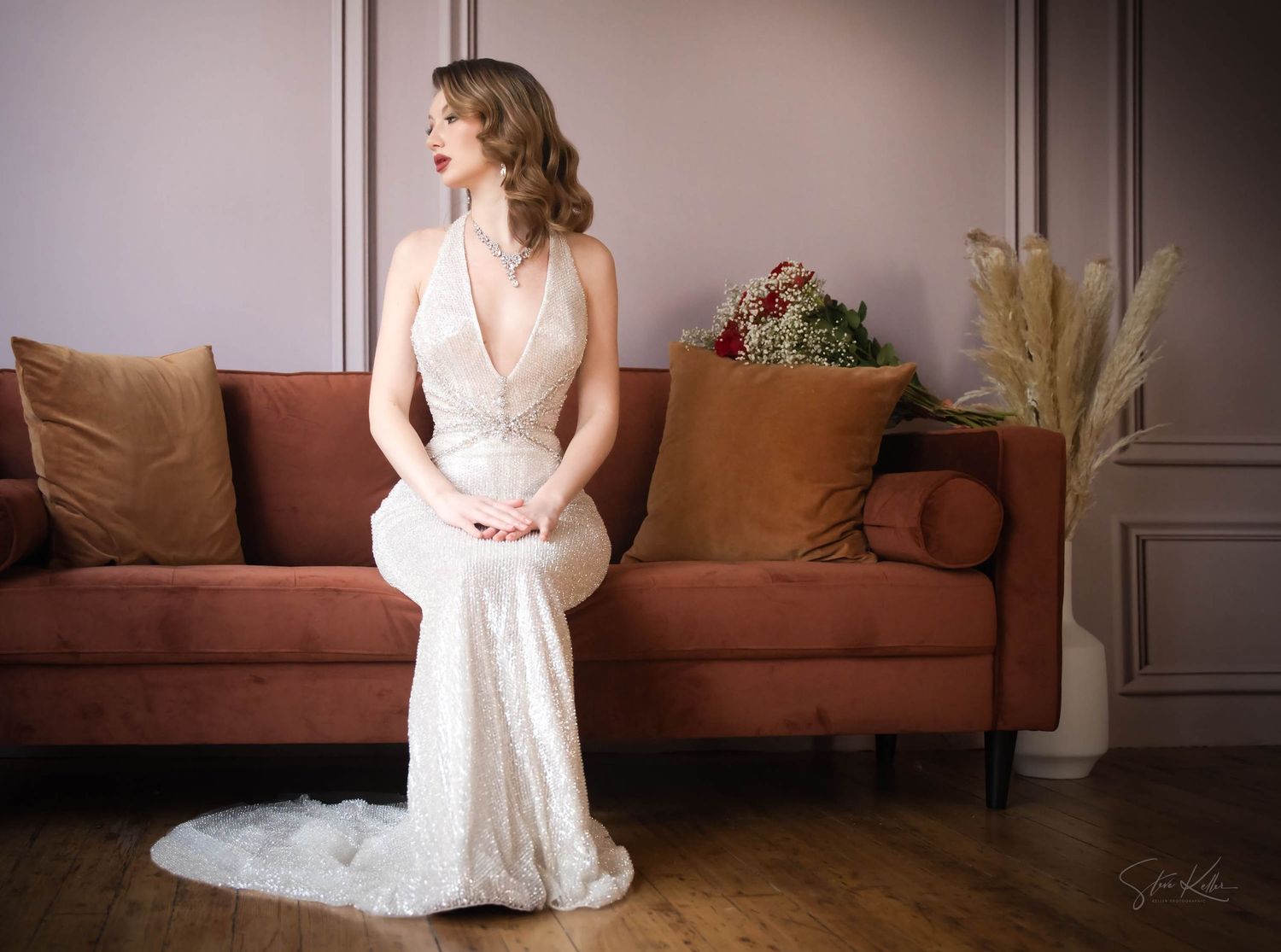 A dreamy bridal photography sequence shows a white wedding dress against a vintage style interior with a brown couch.