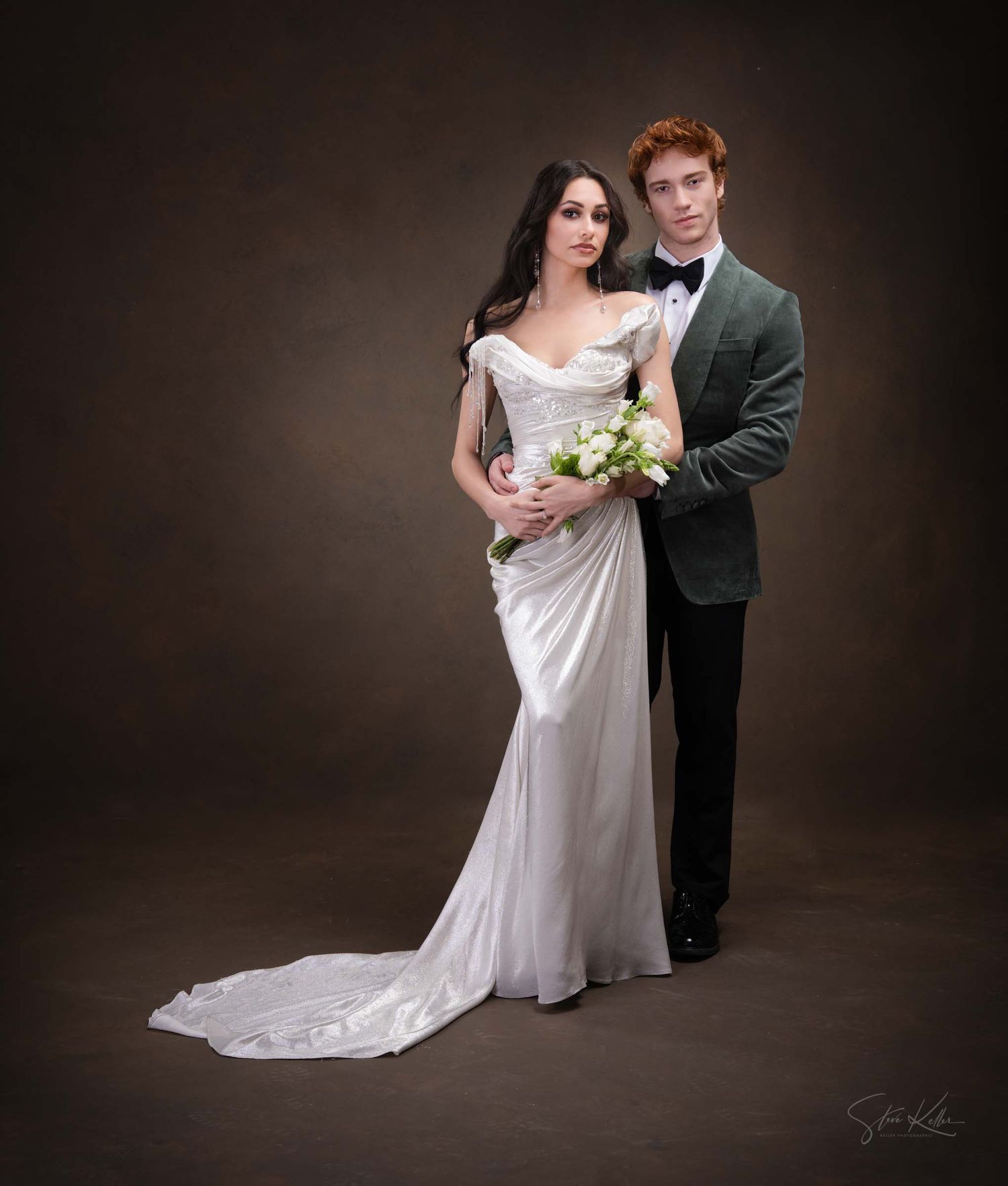 A couple in wedding attire poses in a romantic dance sequence across six artistic studio portraits against a dark background.