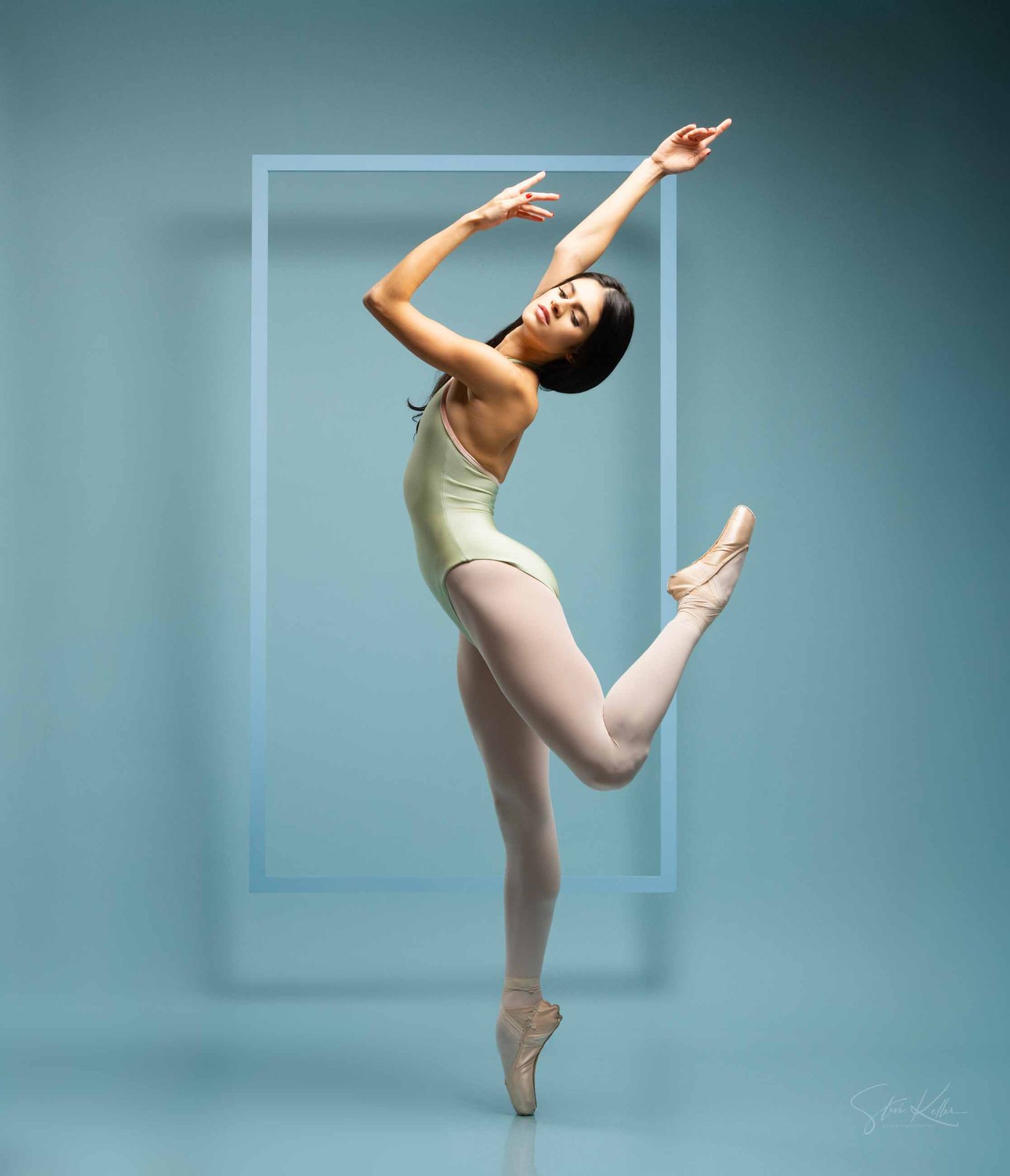 A graceful dancer in cream leotard strikes dynamic poses in a series against a teal studio background.