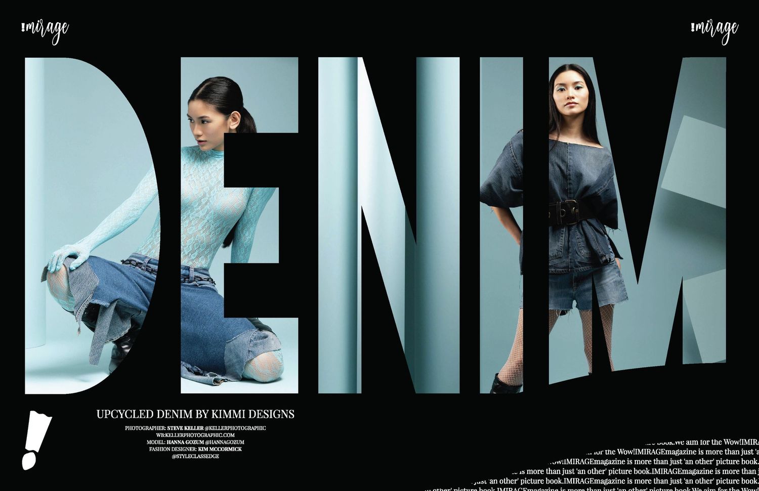 Two models pose in upcycled denim designs by Kimmi Designs against a teal background with bold DENIM typography.
