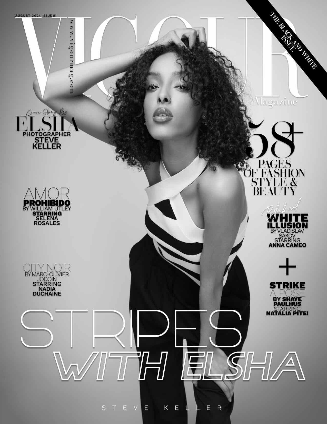 Black and white Vogue magazine cover featuring a striking monochromatic fashion portrait with bold striped design elements.