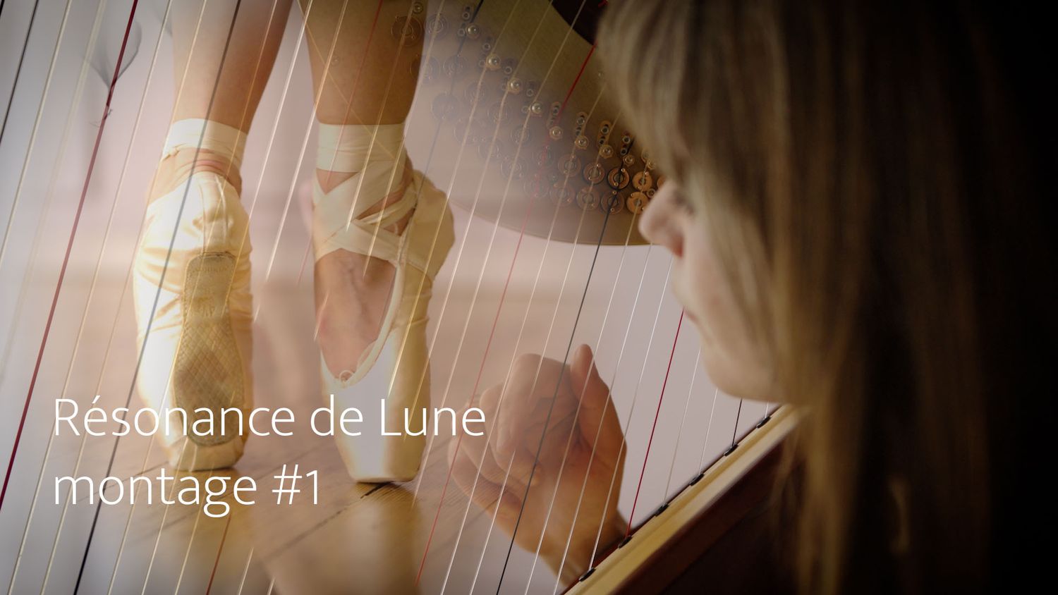 Ballet dancer in pointe shoes beside a harpist in Résonance de Lune montage, blending dance and music artistry.
