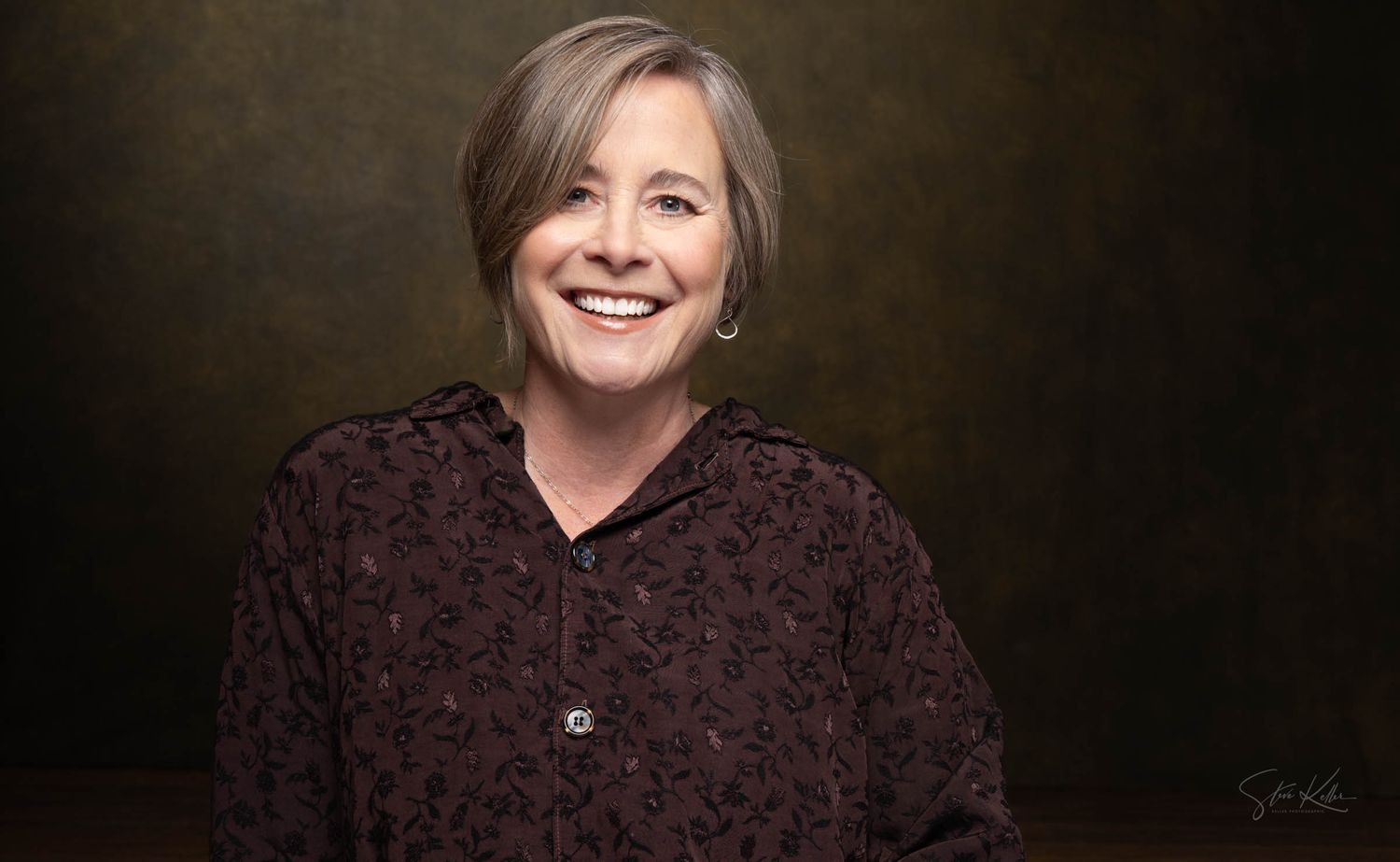 A series of six headshots with warm lighting against a dark background shows the same person in different poses.