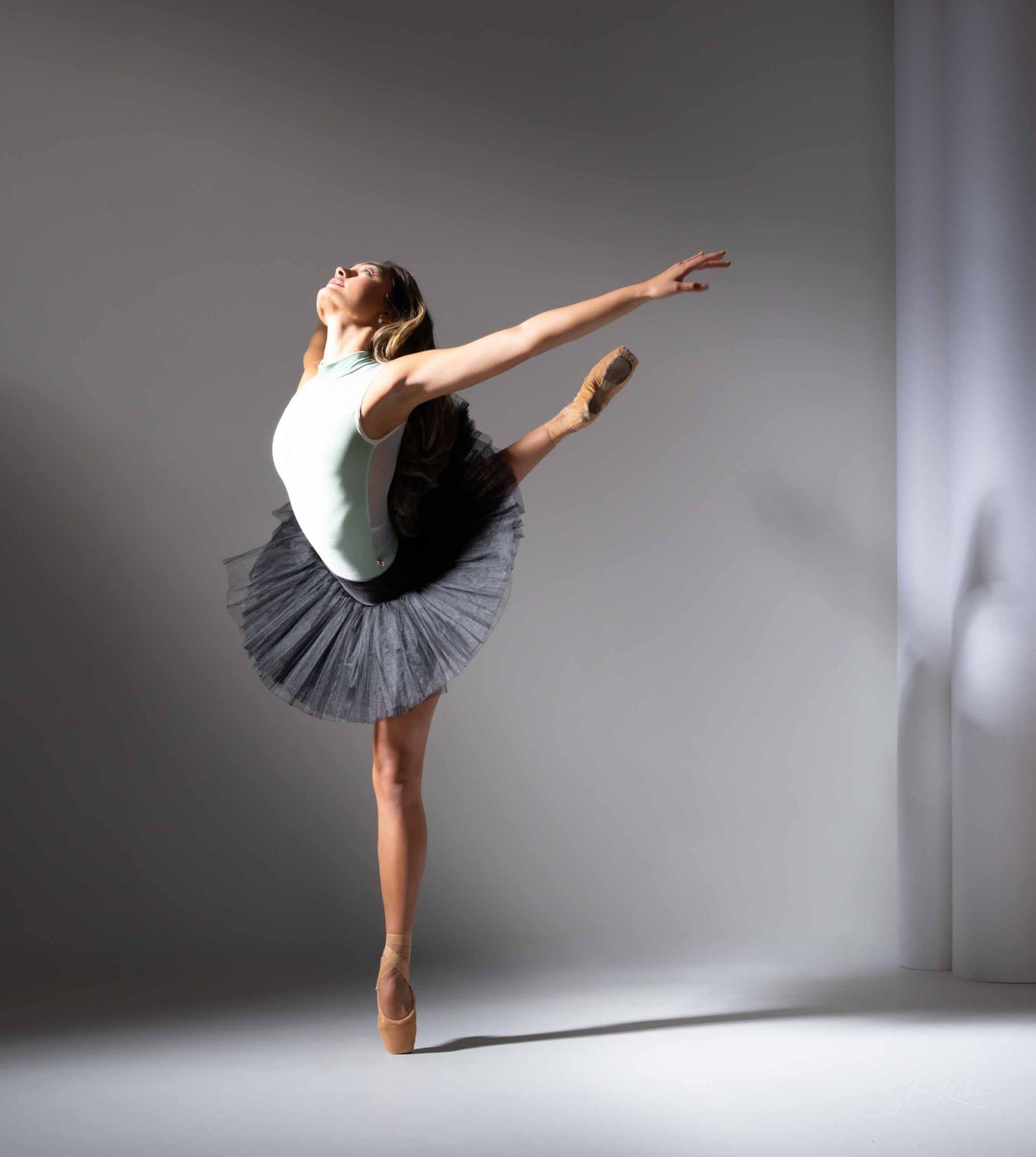 Dancer in grey tutu executes elegant poses in bright studio setting.