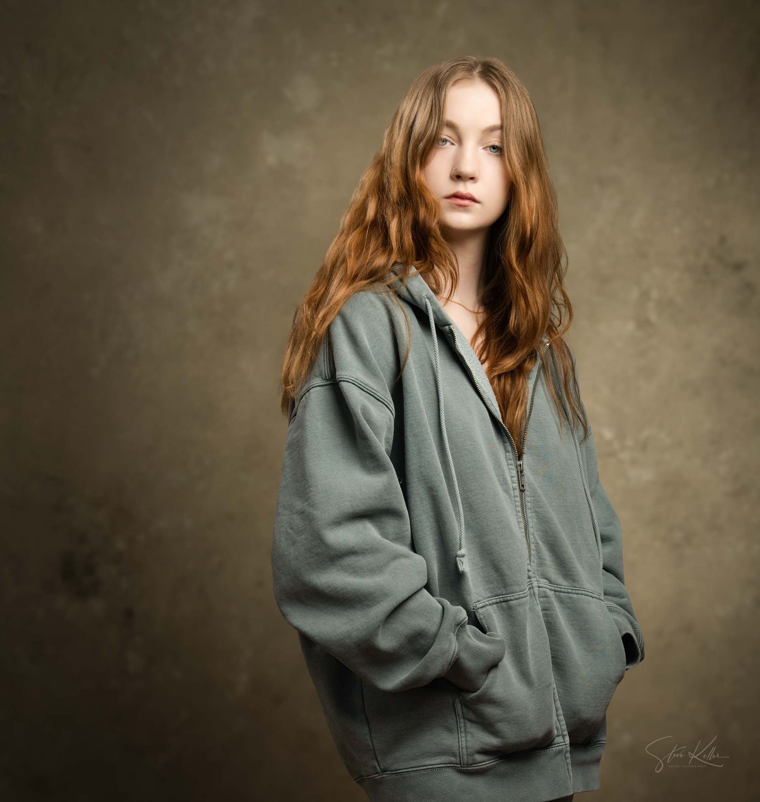 Moody fashion portraits showcasing an olive green zip-up sweatshirt in various poses.