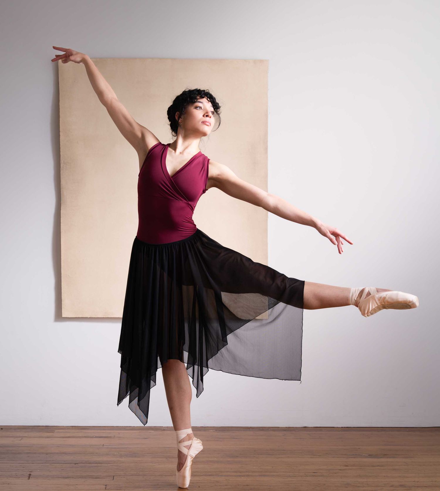 Graceful ballet dancer in burgundy leotard and black skirt performing an arabesque on pointe shoes.