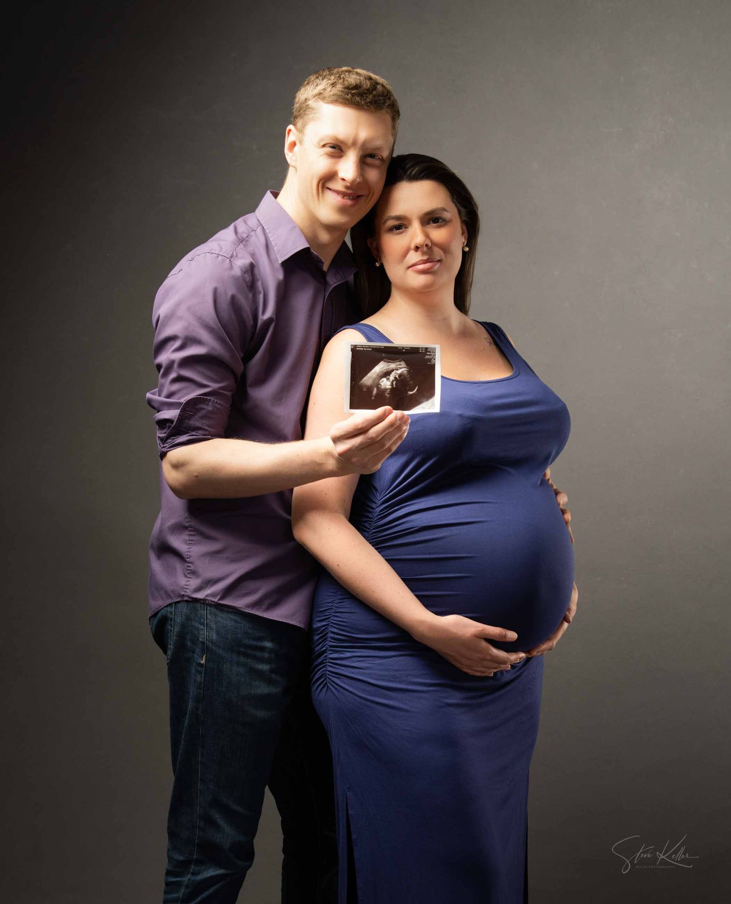 A maternity photo sequence showing a couple in purple and navy blue against a dark background.