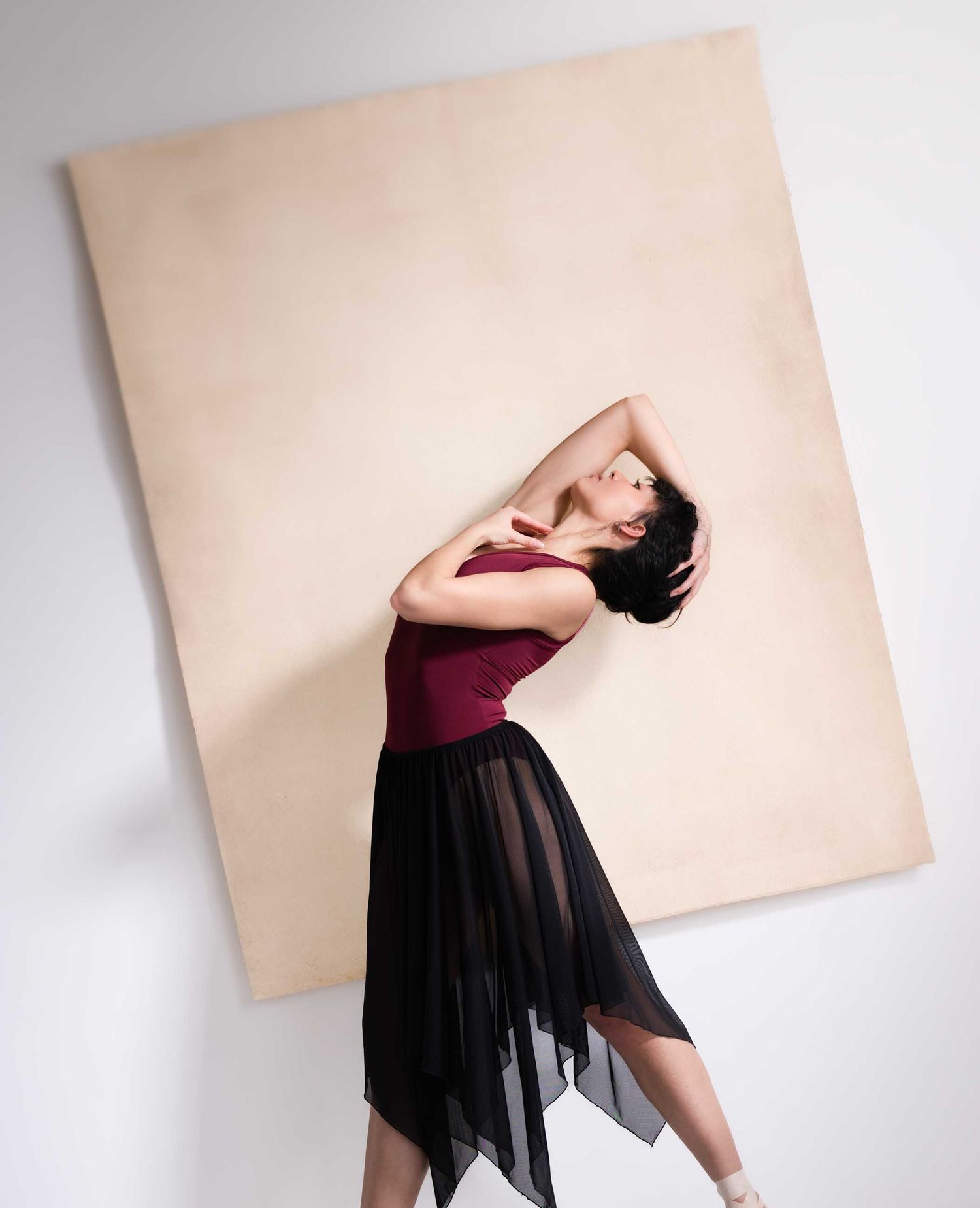 A ballet dancer in a burgundy leotard and black sheer skirt poses gracefully against a beige canvas backdrop.