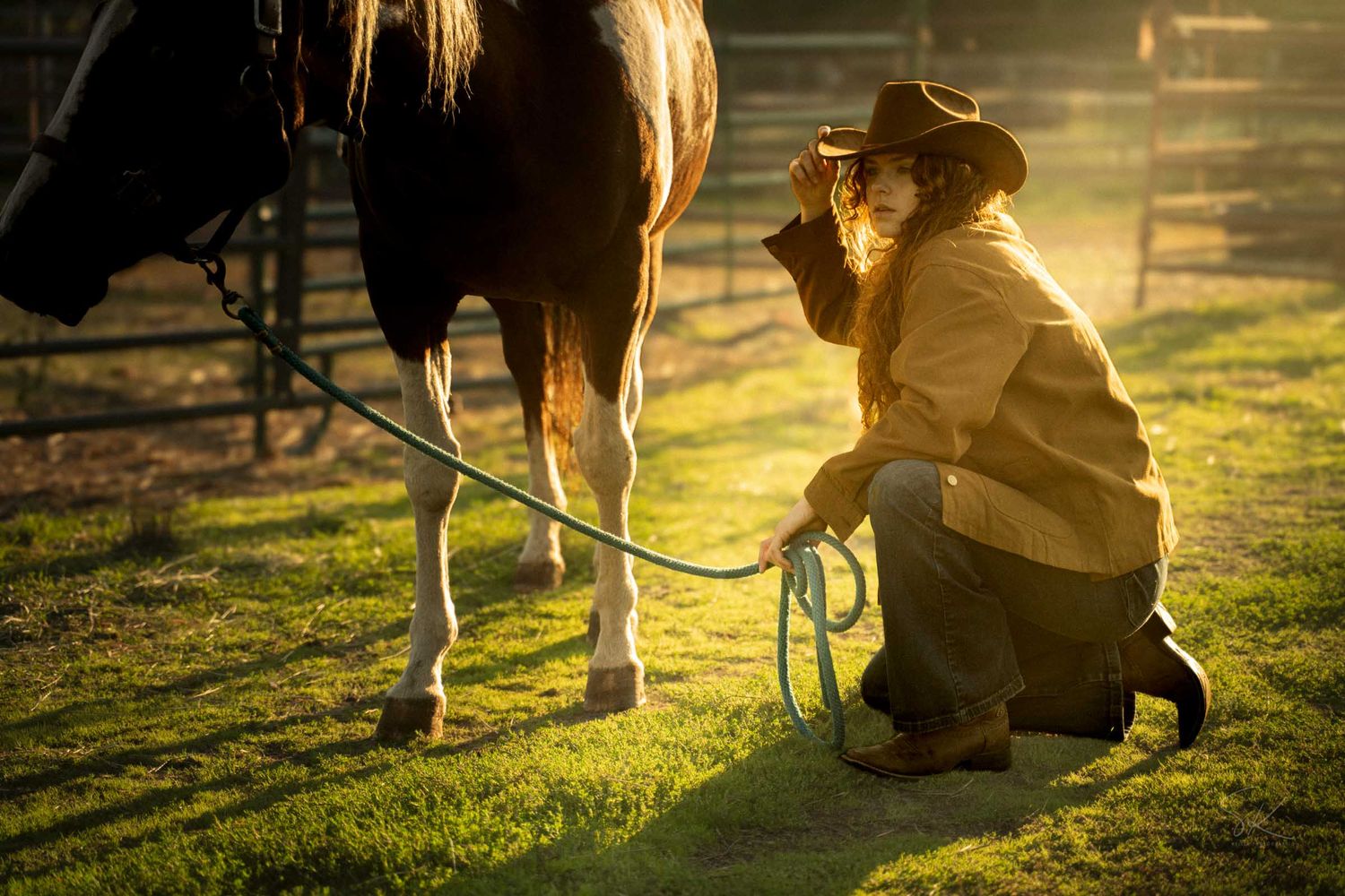 Cowboy crouching beside a brown horse in golden sunset light on a green ranch pasture.