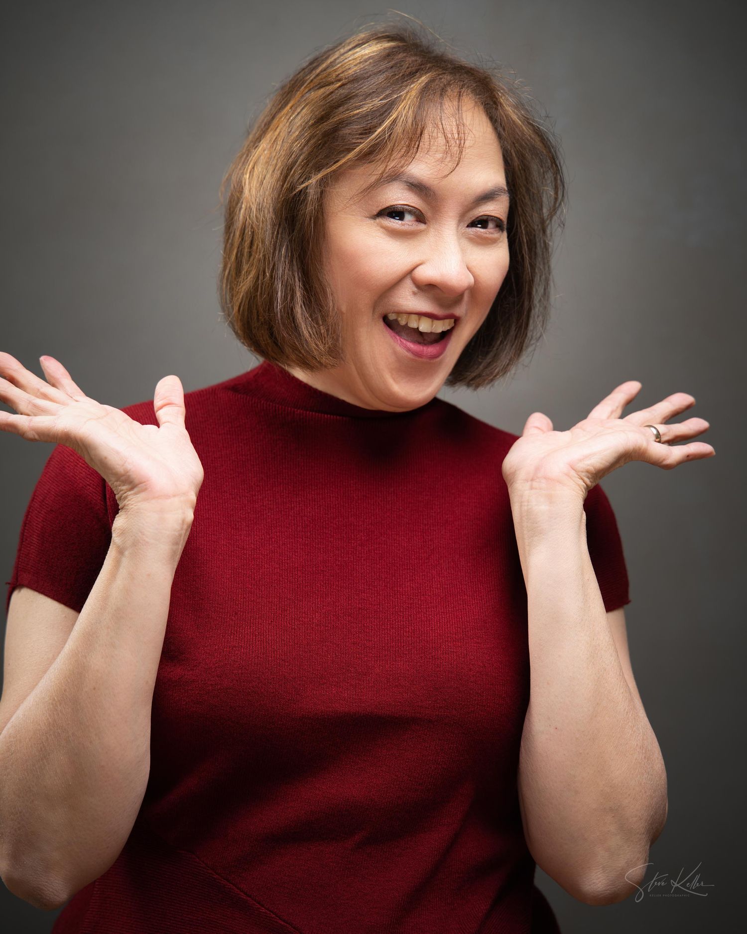 A sequence shows expressions in a burgundy sweater displaying increasing excitement and enthusiasm.