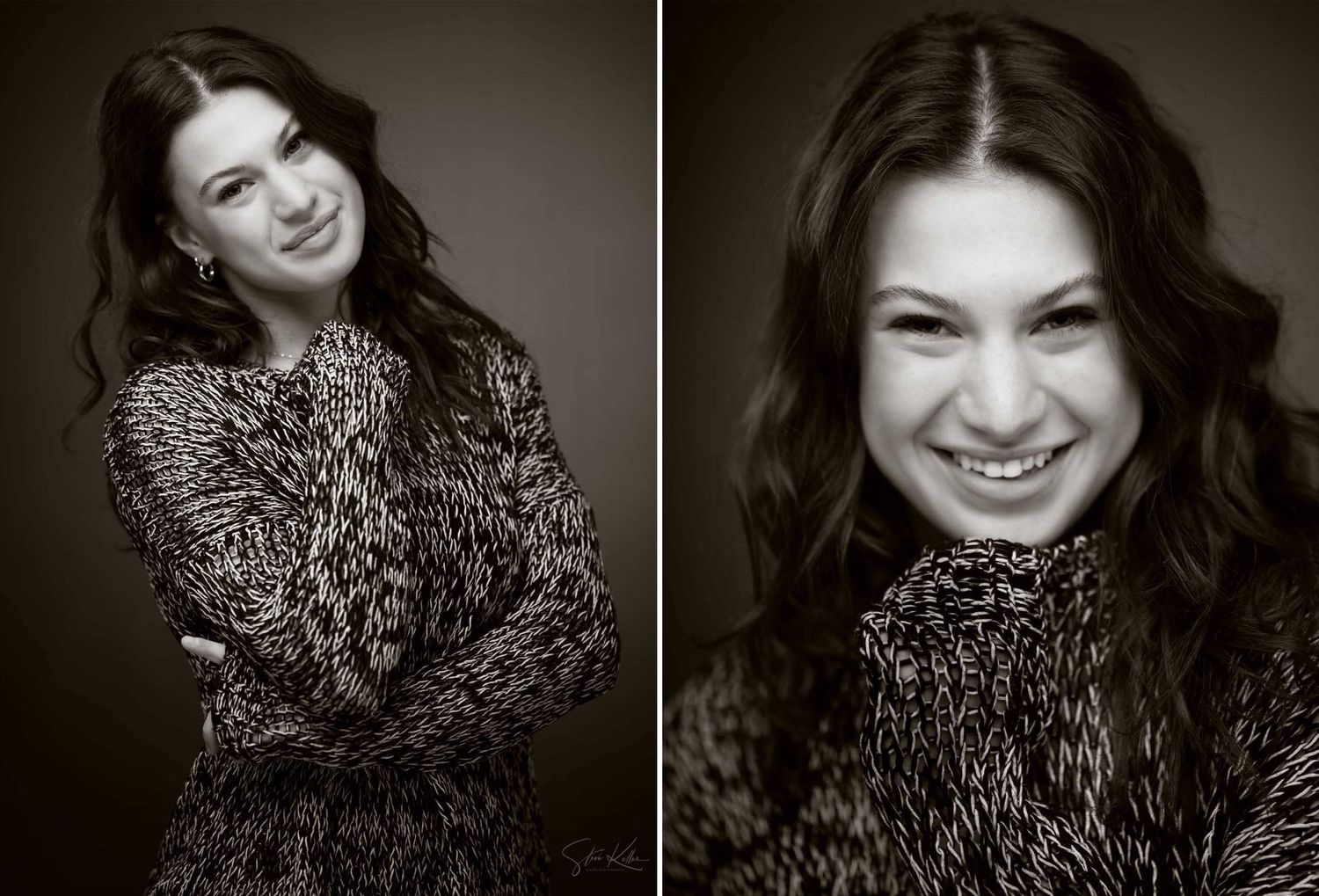 A series of black and white headshots showing different expressions and poses with dark curly hair.
