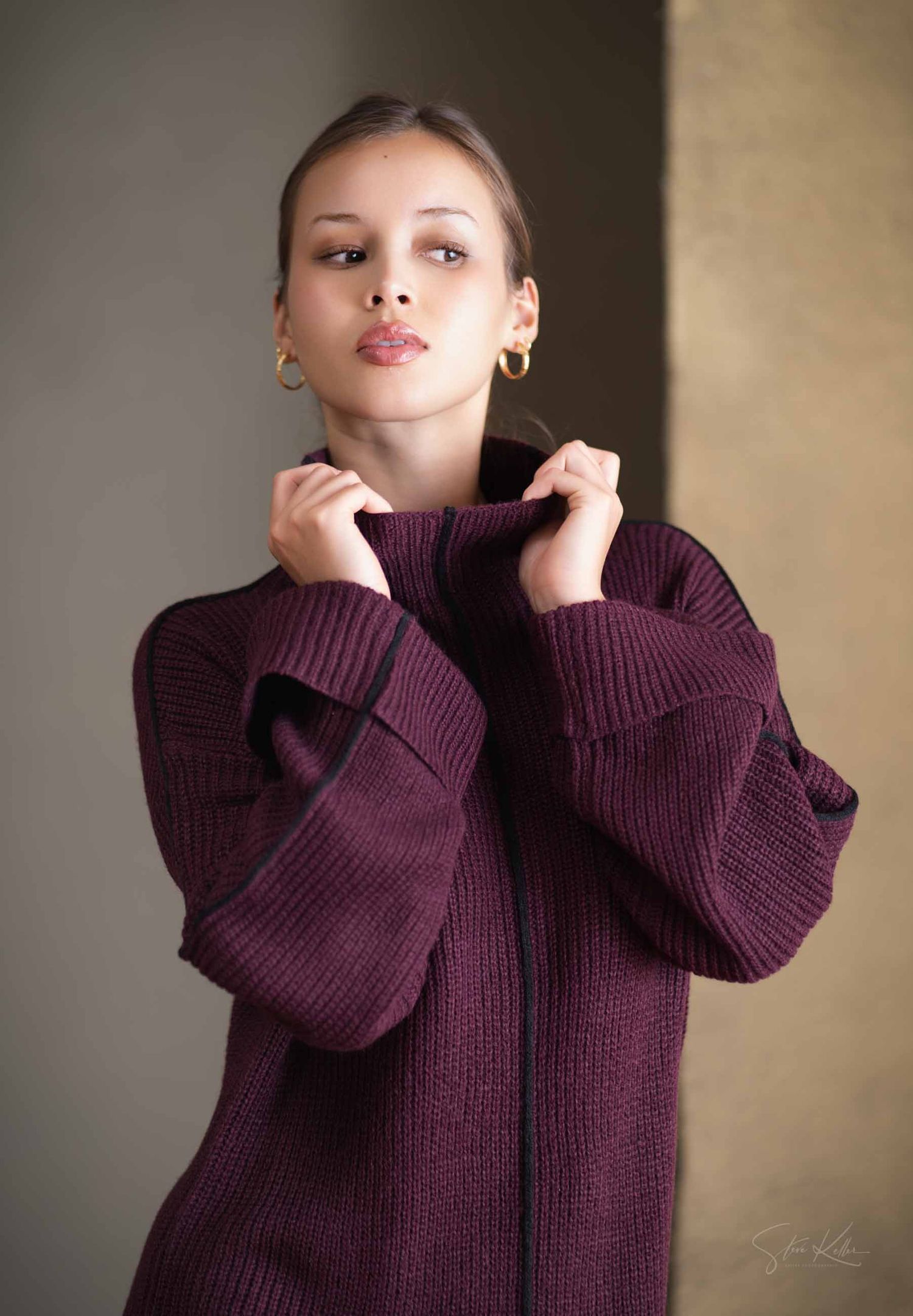 A series of fashion portraits showing a model in a plum-colored turtleneck sweater posing against a neutral background.