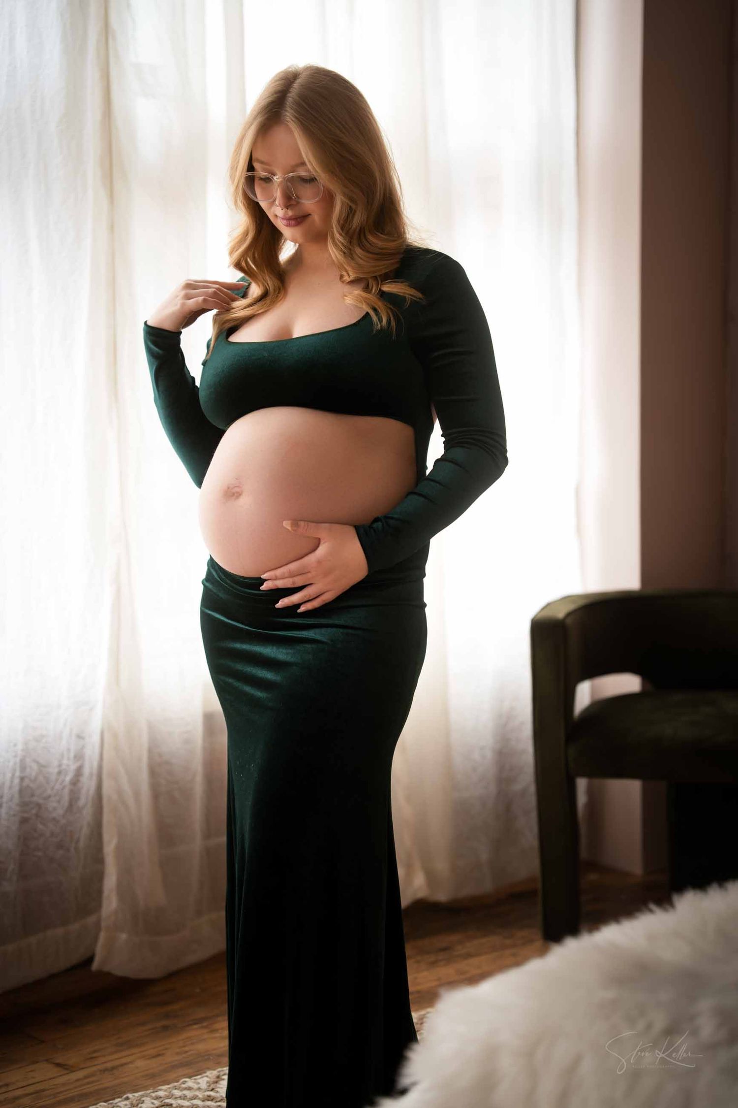 emerald green puff dress Sheer Maternity Cape Gown Olive Green Maternity Photoshoot Dress YW250037 –  yewendress main image 0