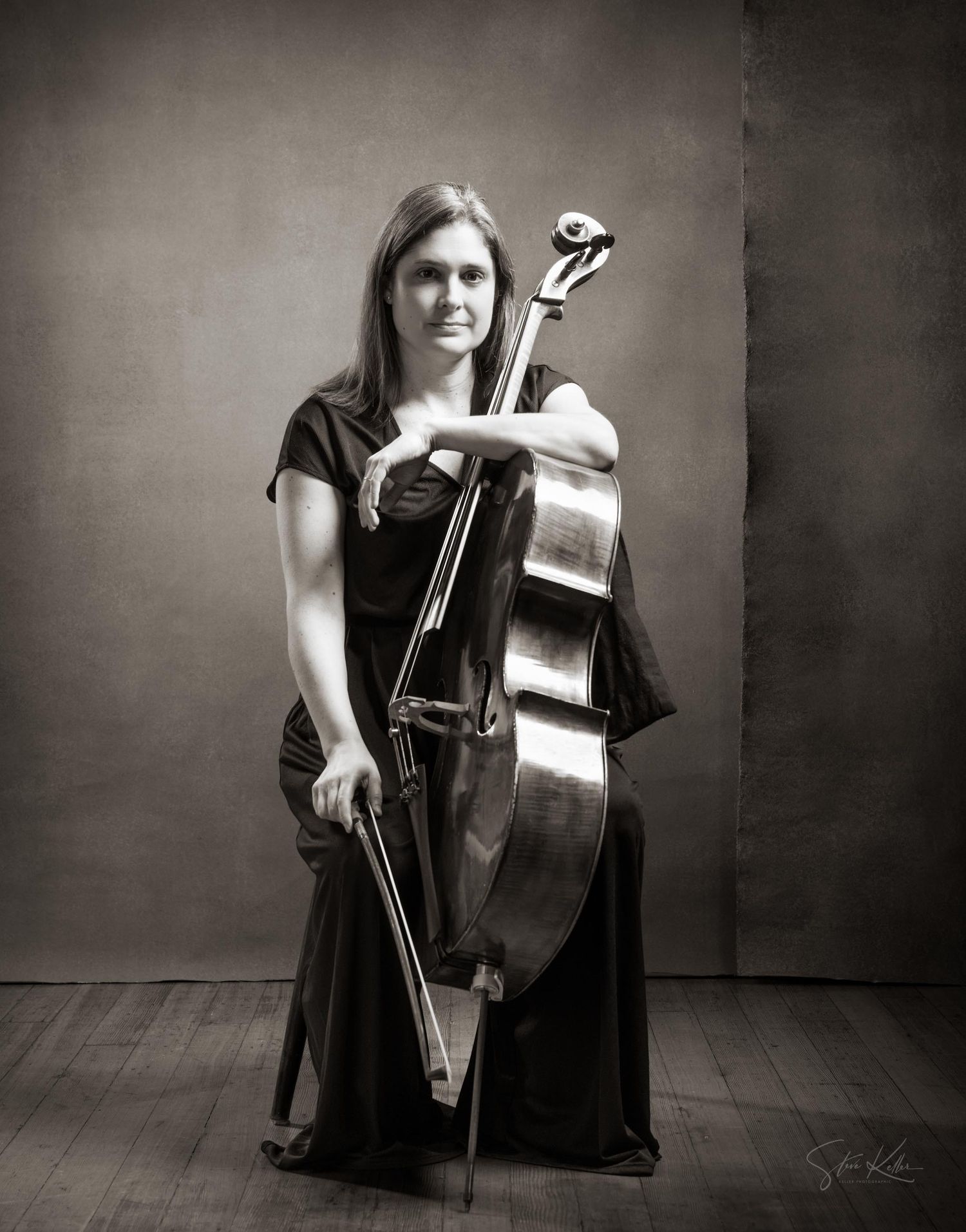 A series of black and white photos showing a musician with a cello in various artistic poses against a dark background.