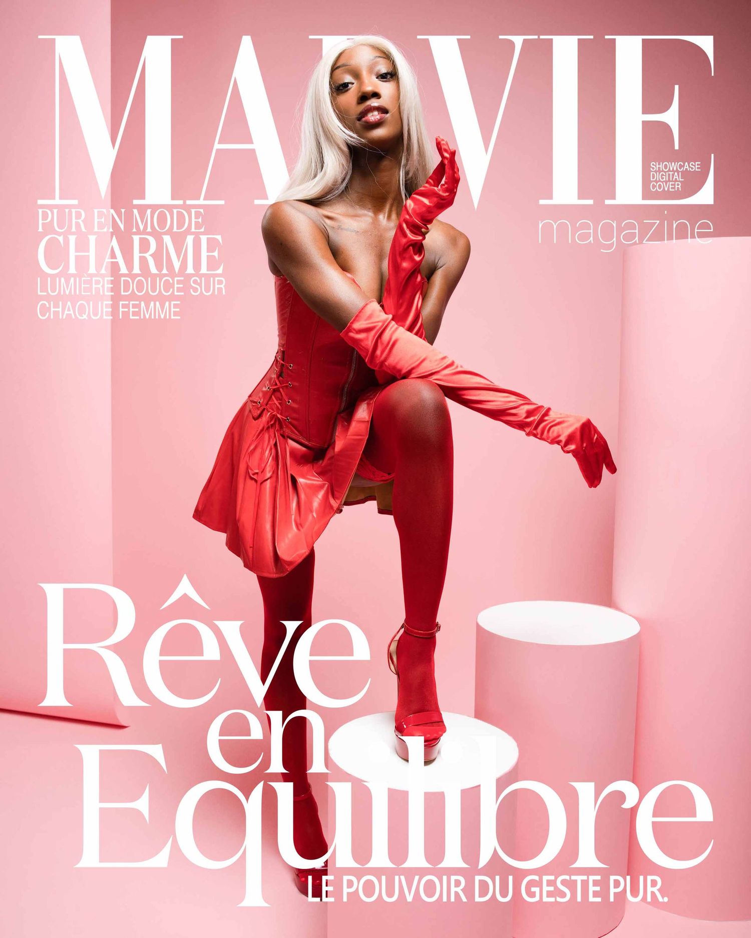 Fashion magazine covers in pink tones featuring a flowing red dress against a monochromatic background.