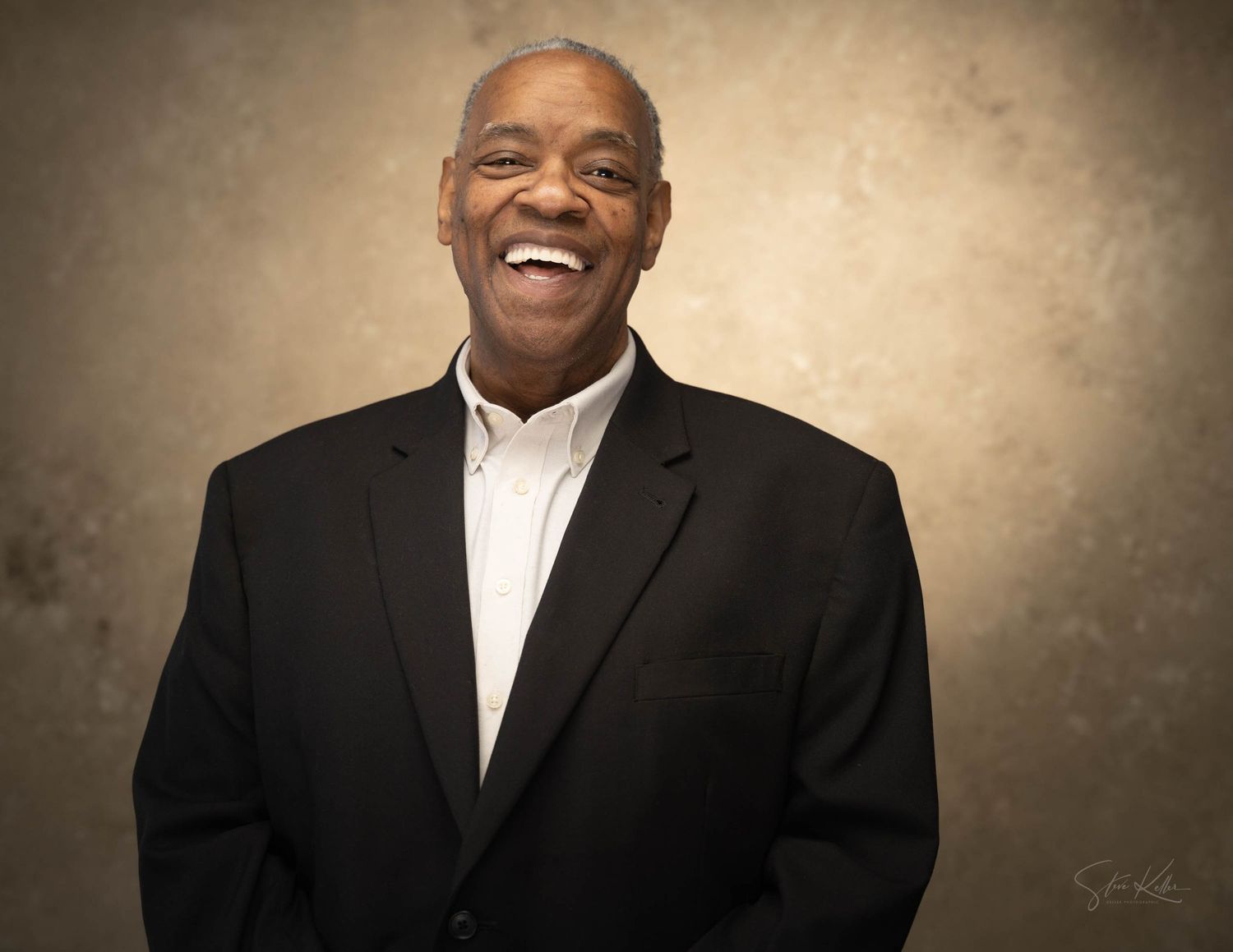 Professional headshot series showing a person in formal attire against a textured brown background.
