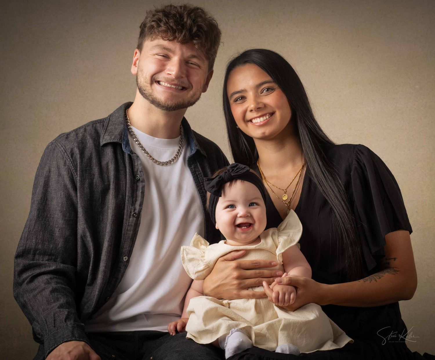 A series of five warm-toned family portrait photos showing tender moments and laughter against a neutral background.