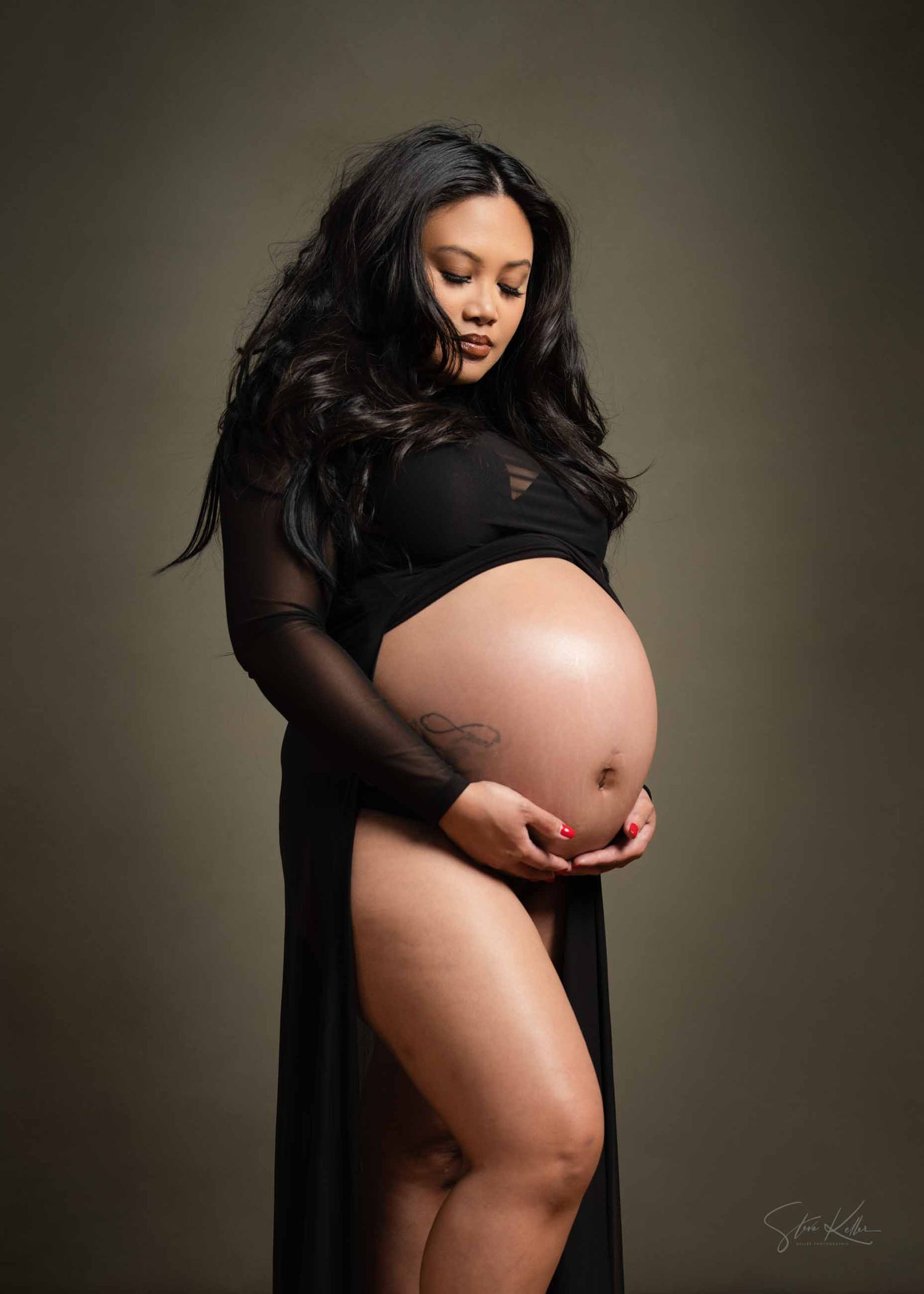 A series of maternity photos showing a pregnant woman in a black sheer dress against a dark background.