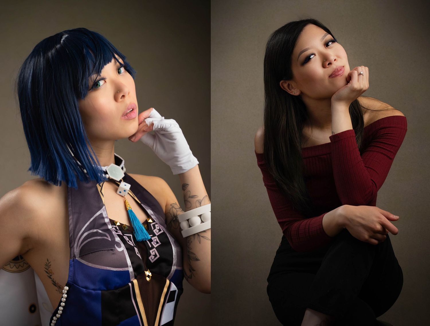 A figure with vibrant blue hair in a dark setting poses expressively in a photo collage.