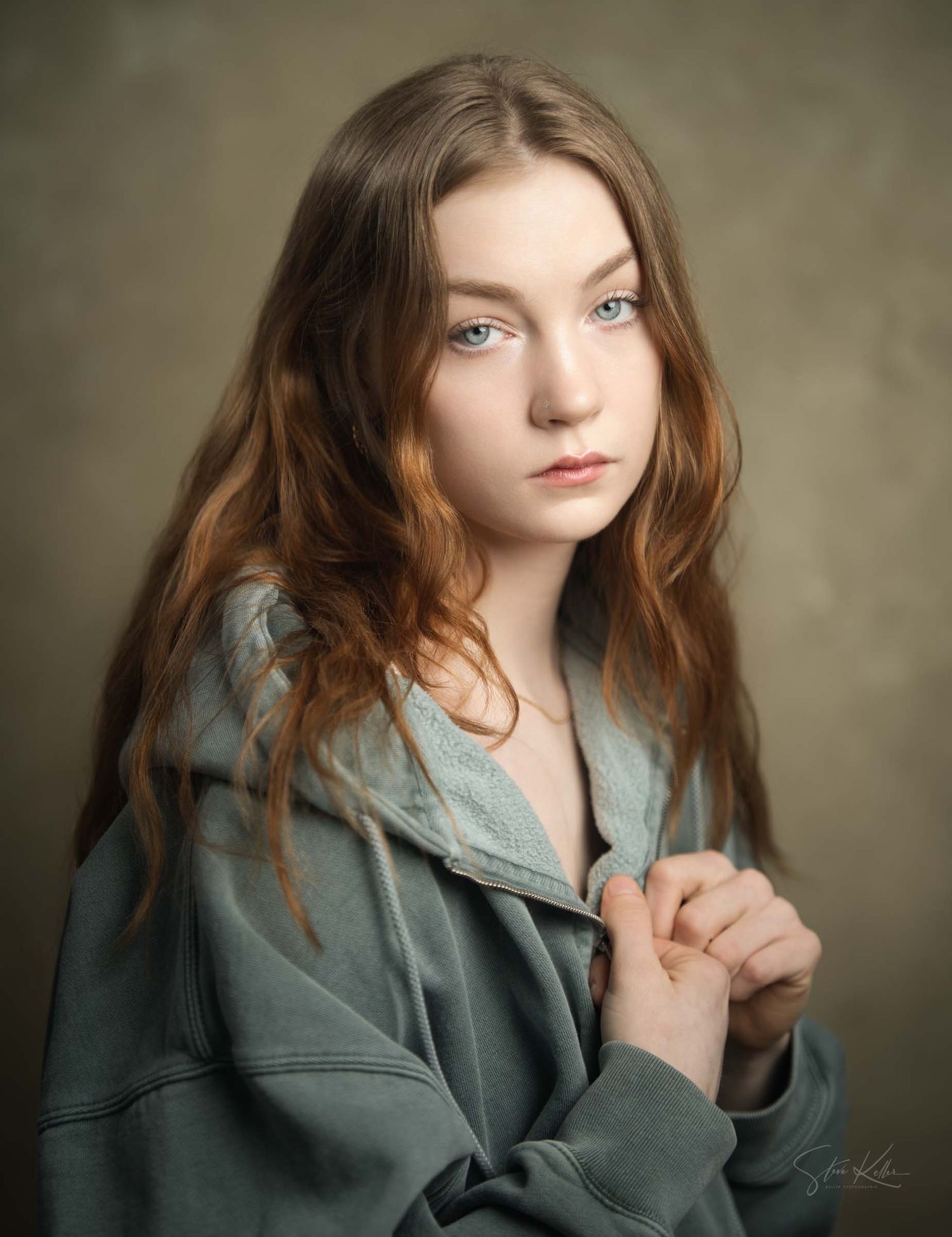 A series of portrait shots showing auburn hair and a sage green jacket against a textured backdrop.