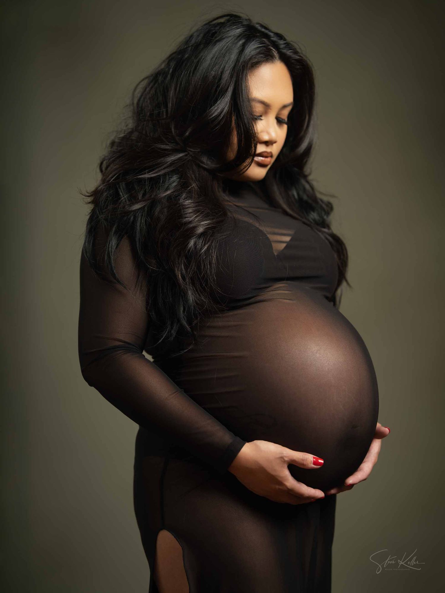 A series of maternity photos showing a woman in a black sheer dress cradling her pregnant belly against a dark background.