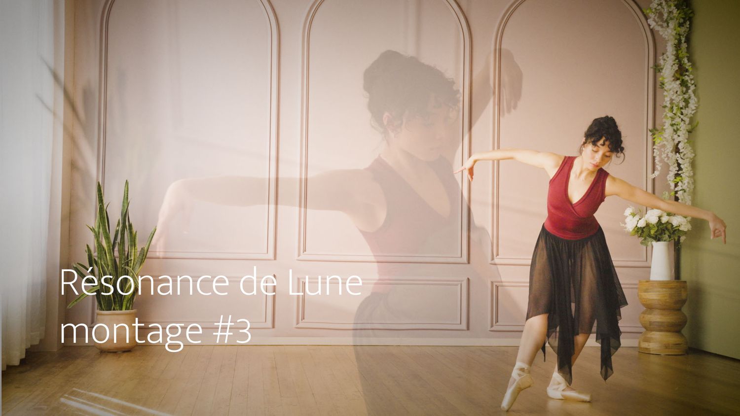 A ballet dancer in a red top and black skirt performs an elegant pose in a bright studio, from Resonance de Lune montage 3.