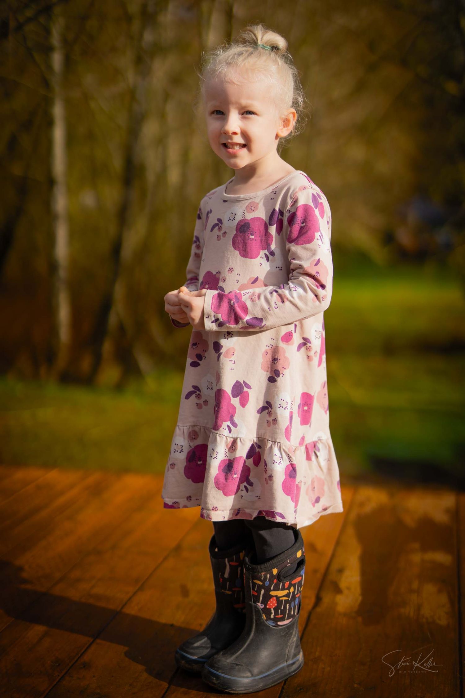 A sequence of photos featuring pink floral dress and black boots on a wooden deck with autumn scenery.