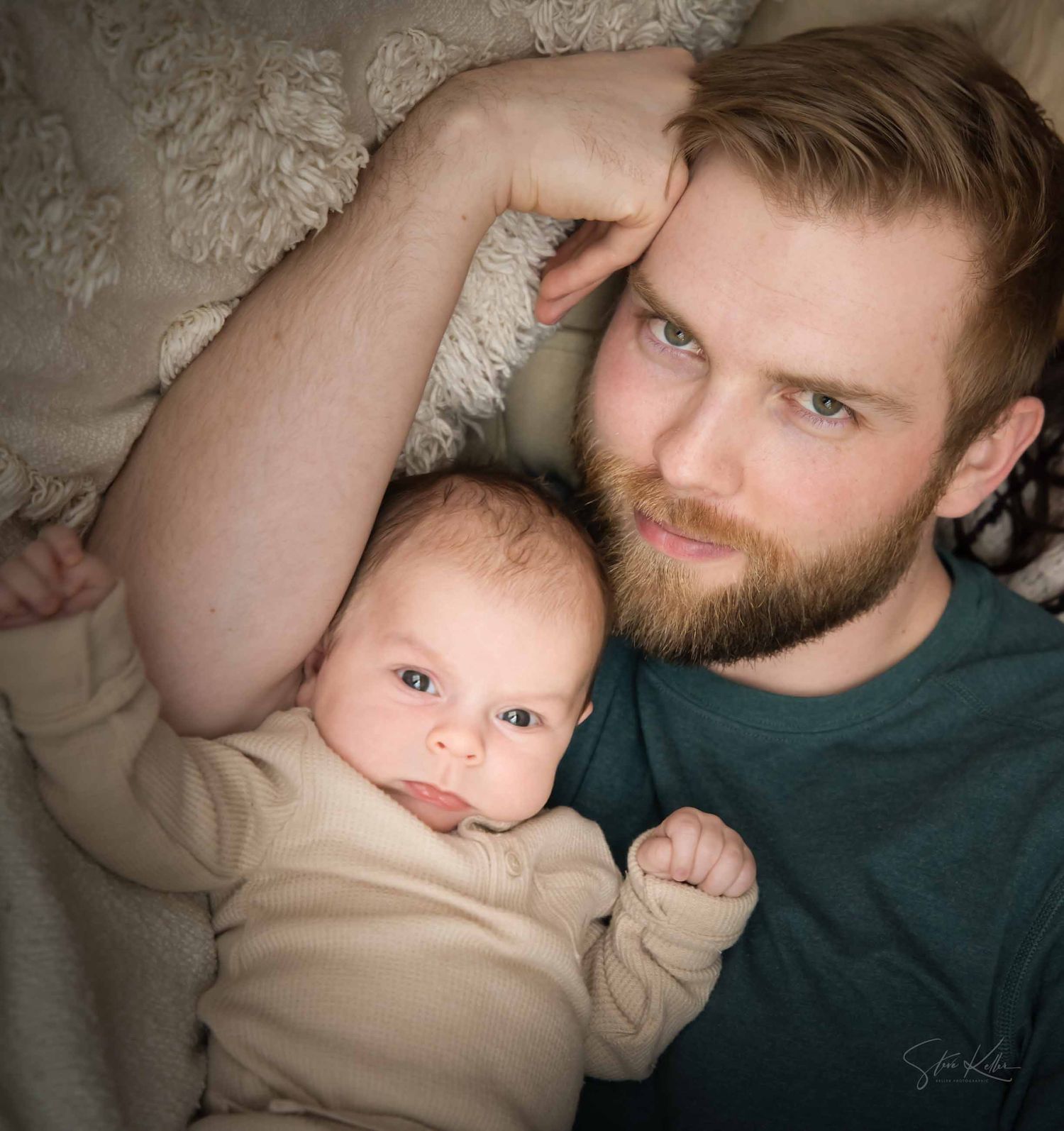 A series of tender moments captured in warm tones showing a parent and baby interacting on a couch.