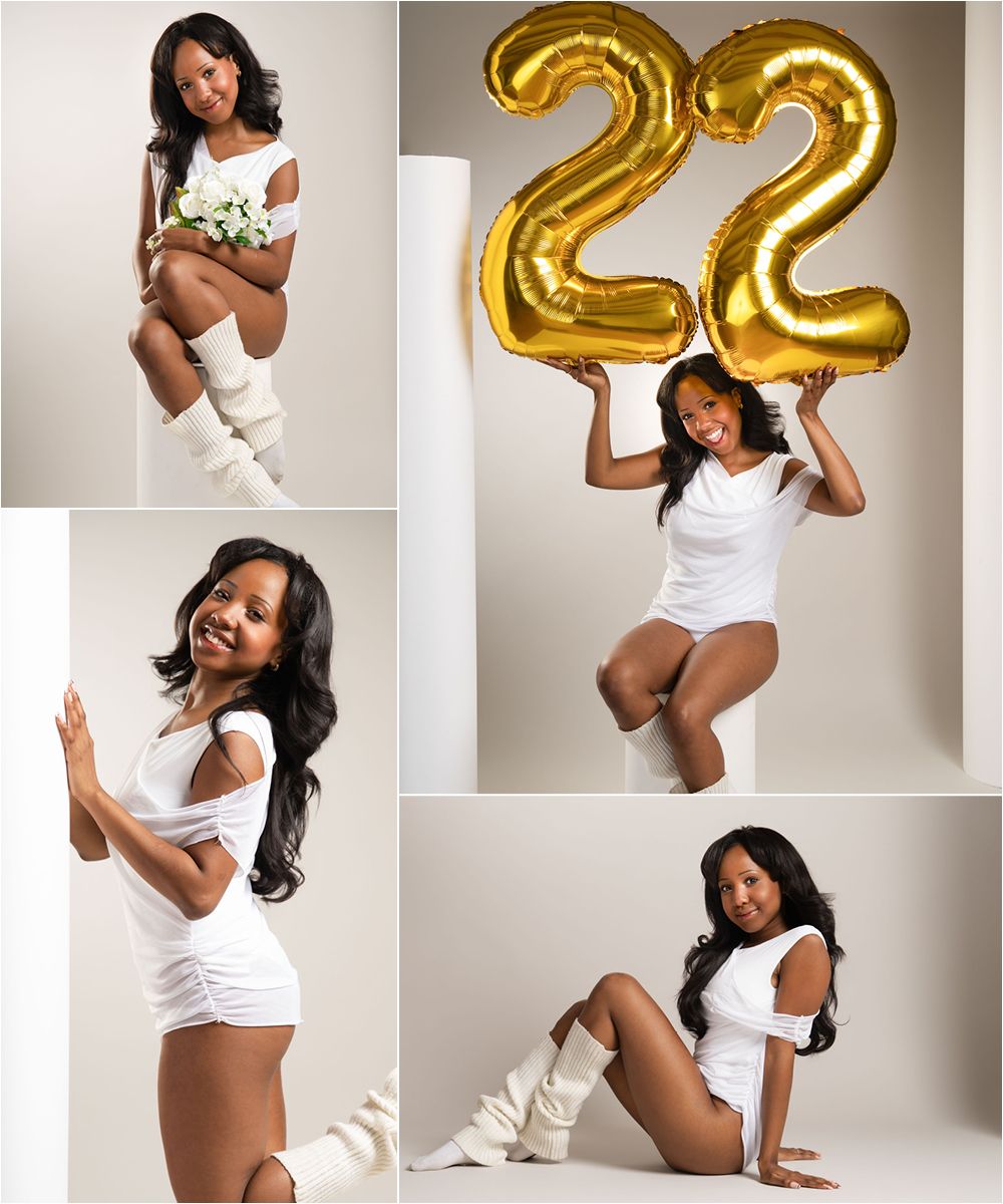 Young woman in white outfit celebrates 22nd birthday with gold balloons in a professional photo collage shoot.