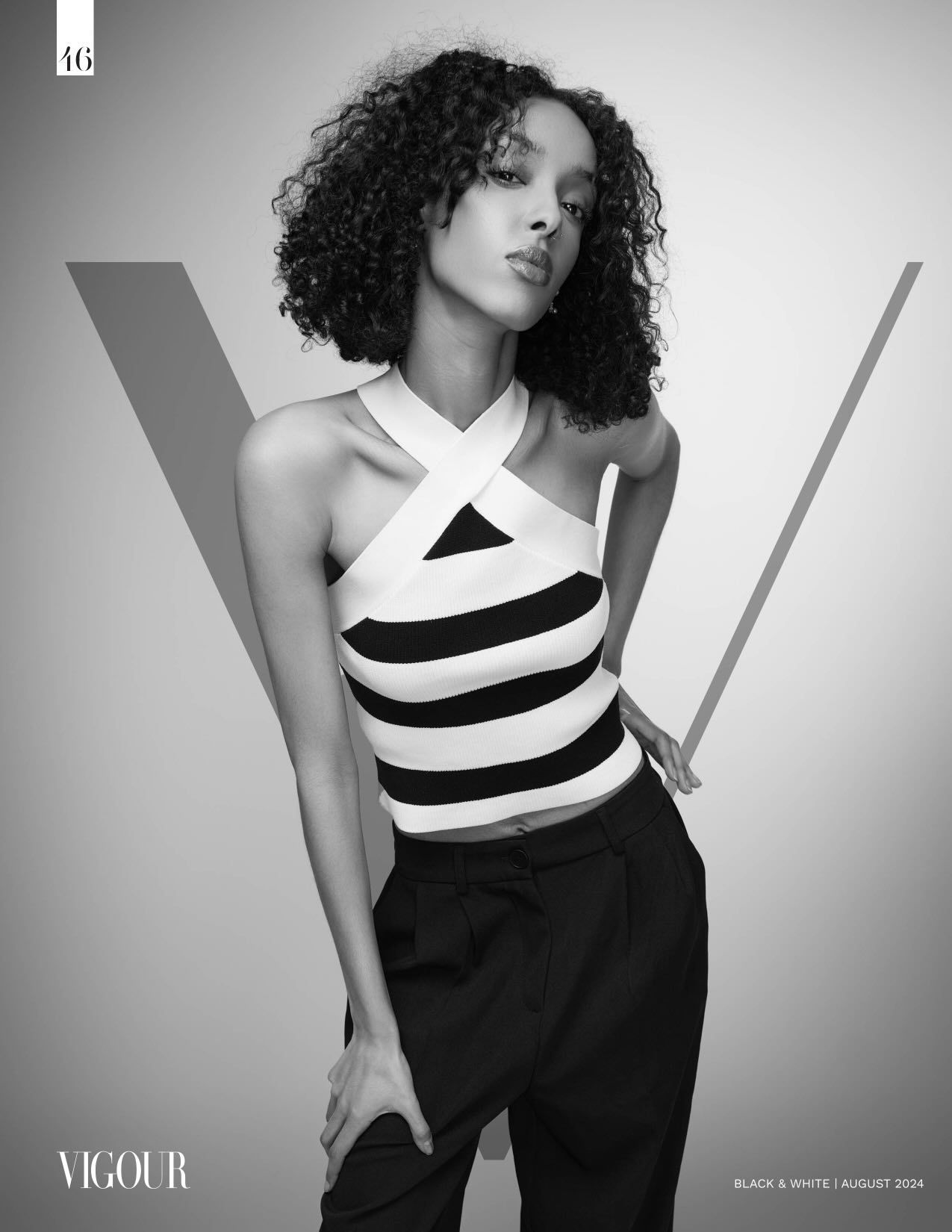 Black and white fashion editorial series showing a model in a striped monochrome outfit against a minimalist backdrop.