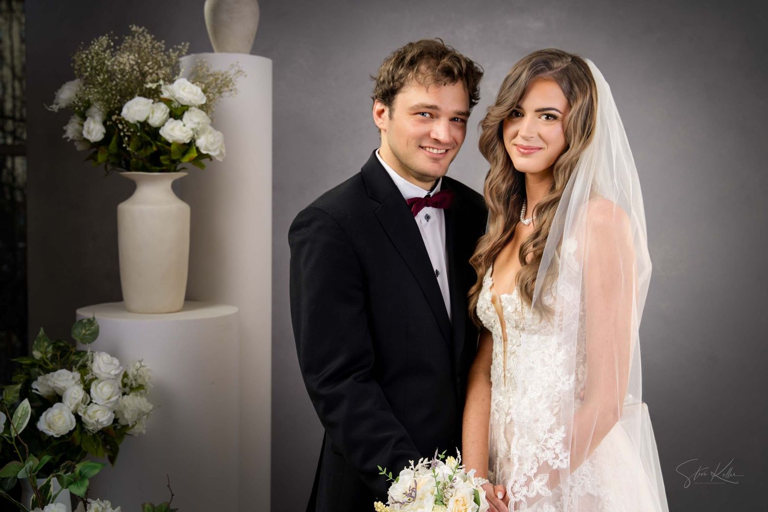 A romantic wedding photo collage showing elegant bride and groom portraits with soft lighting and floral decor.