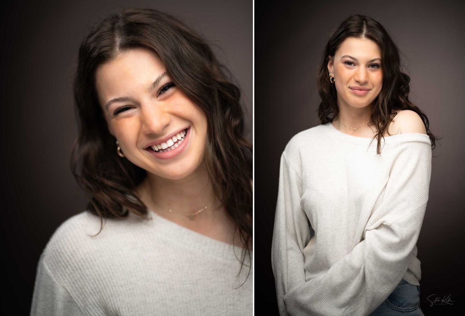 A series of portrait style photographs showing someone wearing a white sweater against a dark background.