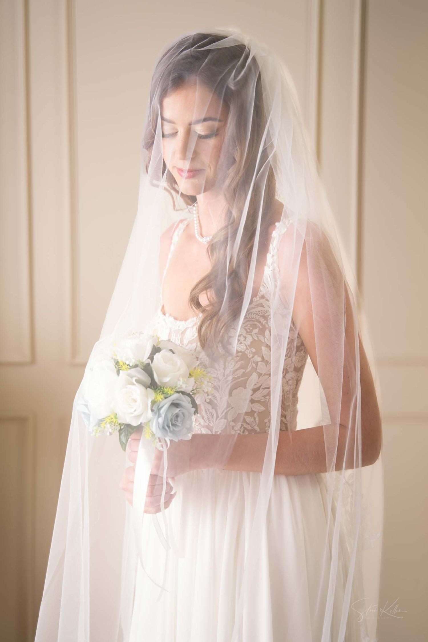 Ethereal bridal portrait series showing a bride in soft light wearing a delicate veil and floral corsage.